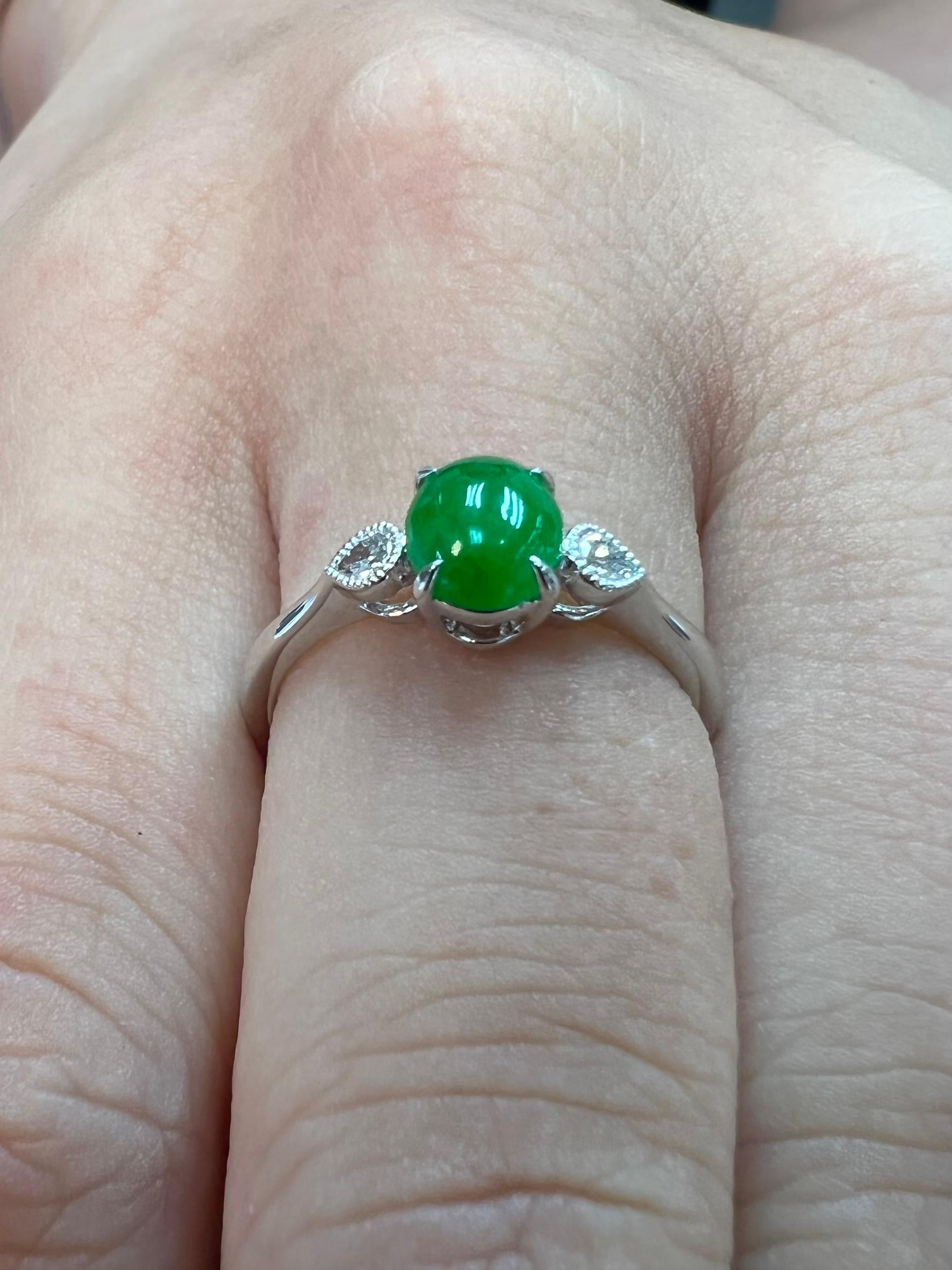 Certified Jade & Diamond 3 Stone Ring, True Imperial Green, Dainty & Elegant For Sale 5