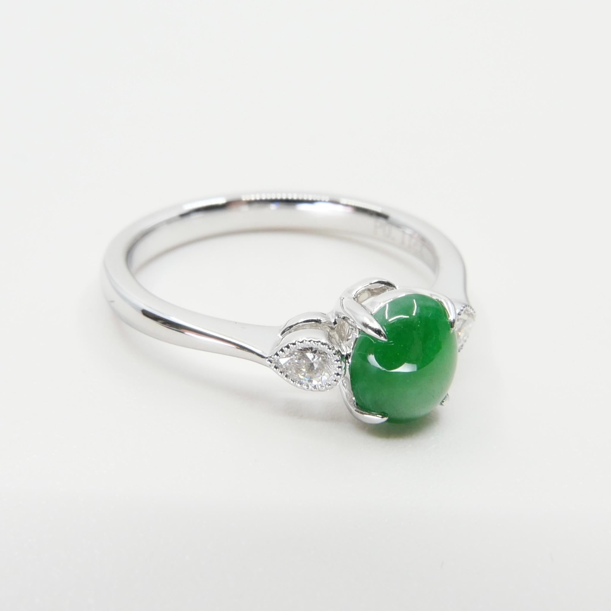 Certified Jade & Diamond 3 Stone Ring, True Imperial Green, Dainty & Elegant For Sale 9