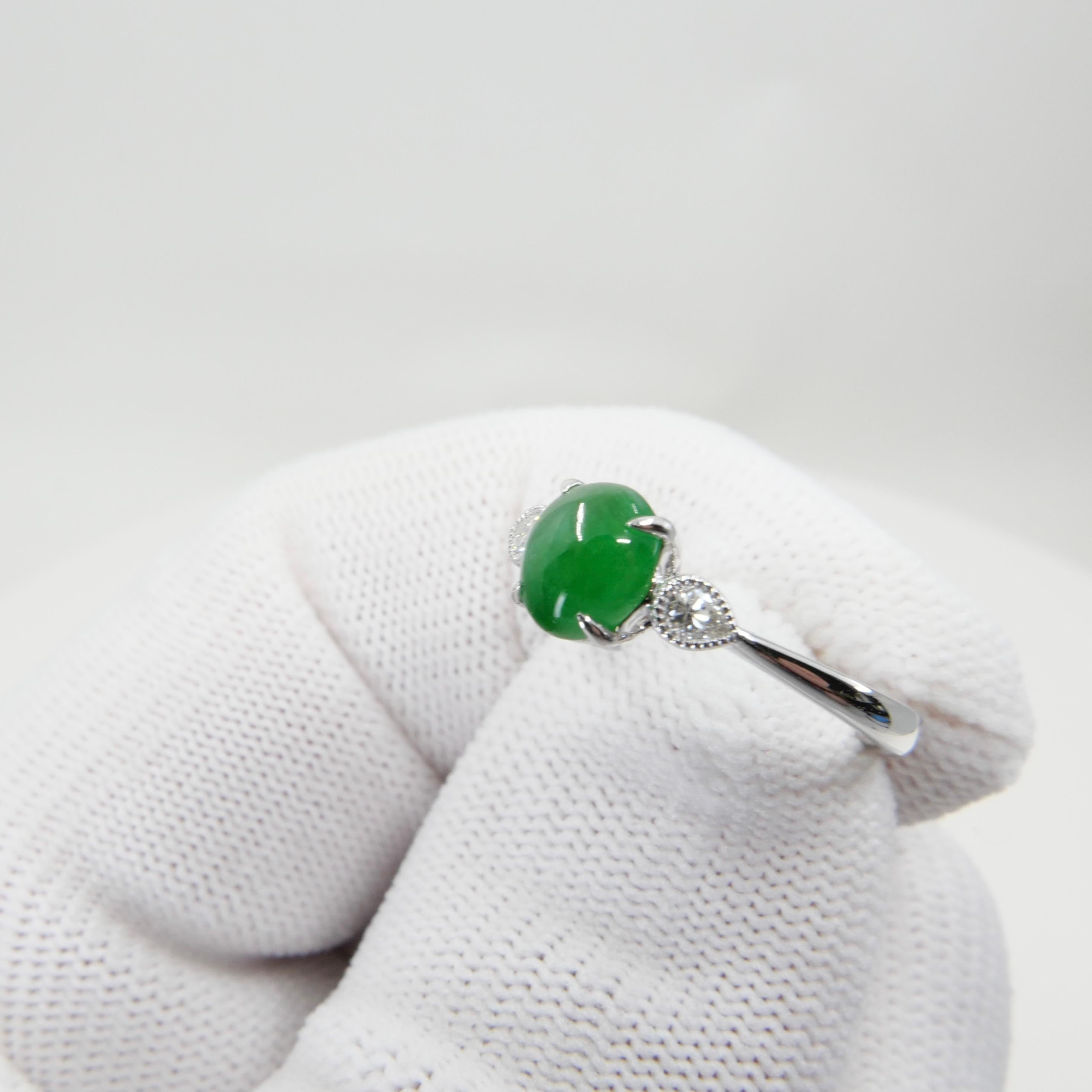 Certified Jade & Diamond 3 Stone Ring, True Imperial Green, Dainty & Elegant For Sale 10