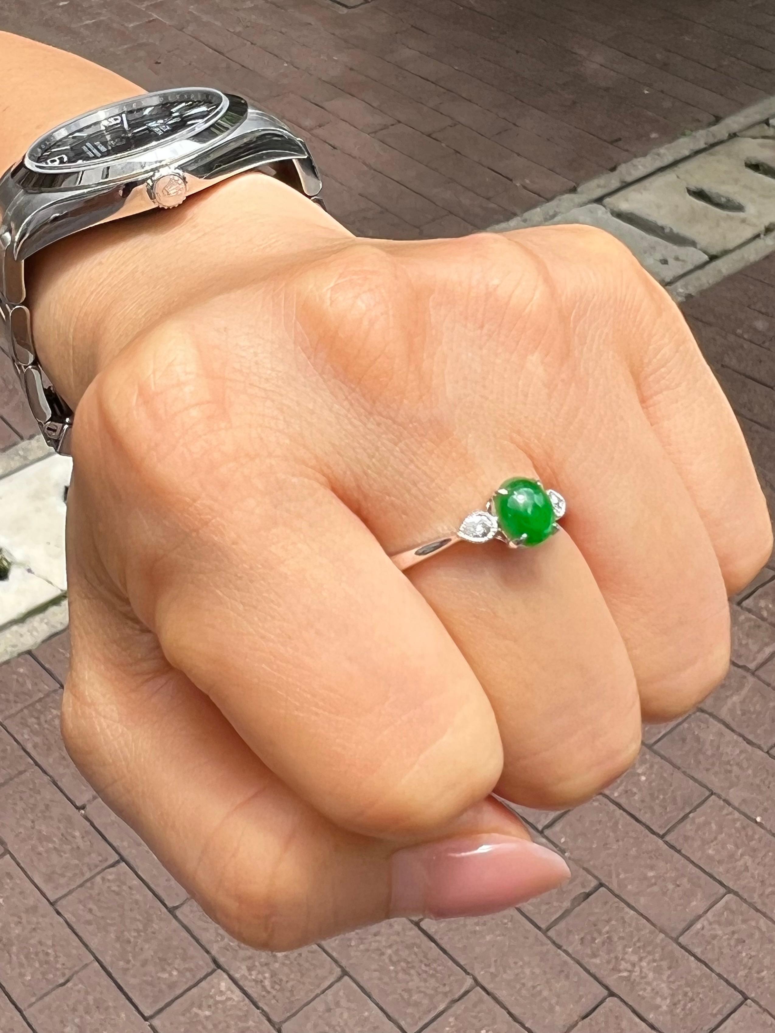Contemporary Certified Jade & Diamond 3 Stone Ring, True Imperial Green, Dainty & Elegant For Sale