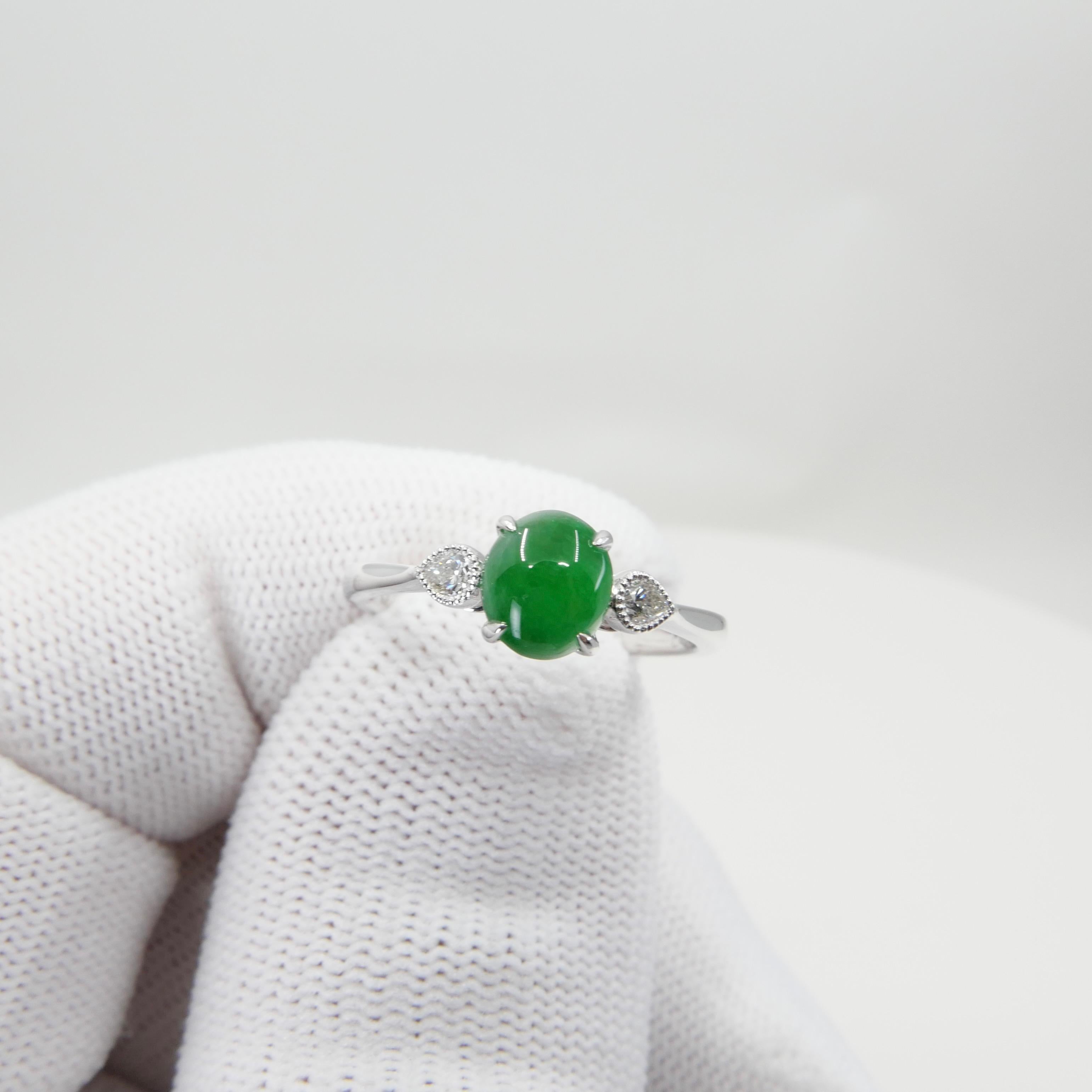 Cabochon Certified Jade & Diamond 3 Stone Ring, True Imperial Green, Dainty & Elegant For Sale