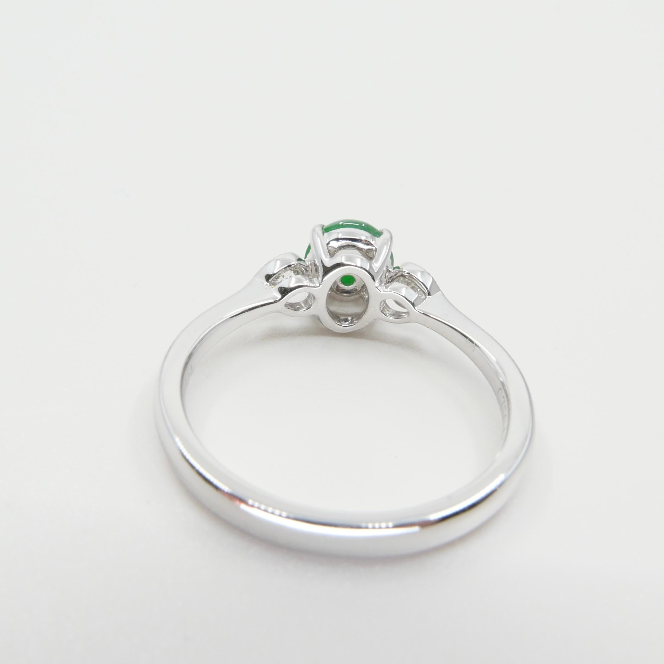 Certified Jade & Diamond 3 Stone Ring, True Imperial Green, Dainty & Elegant In New Condition For Sale In Hong Kong, HK