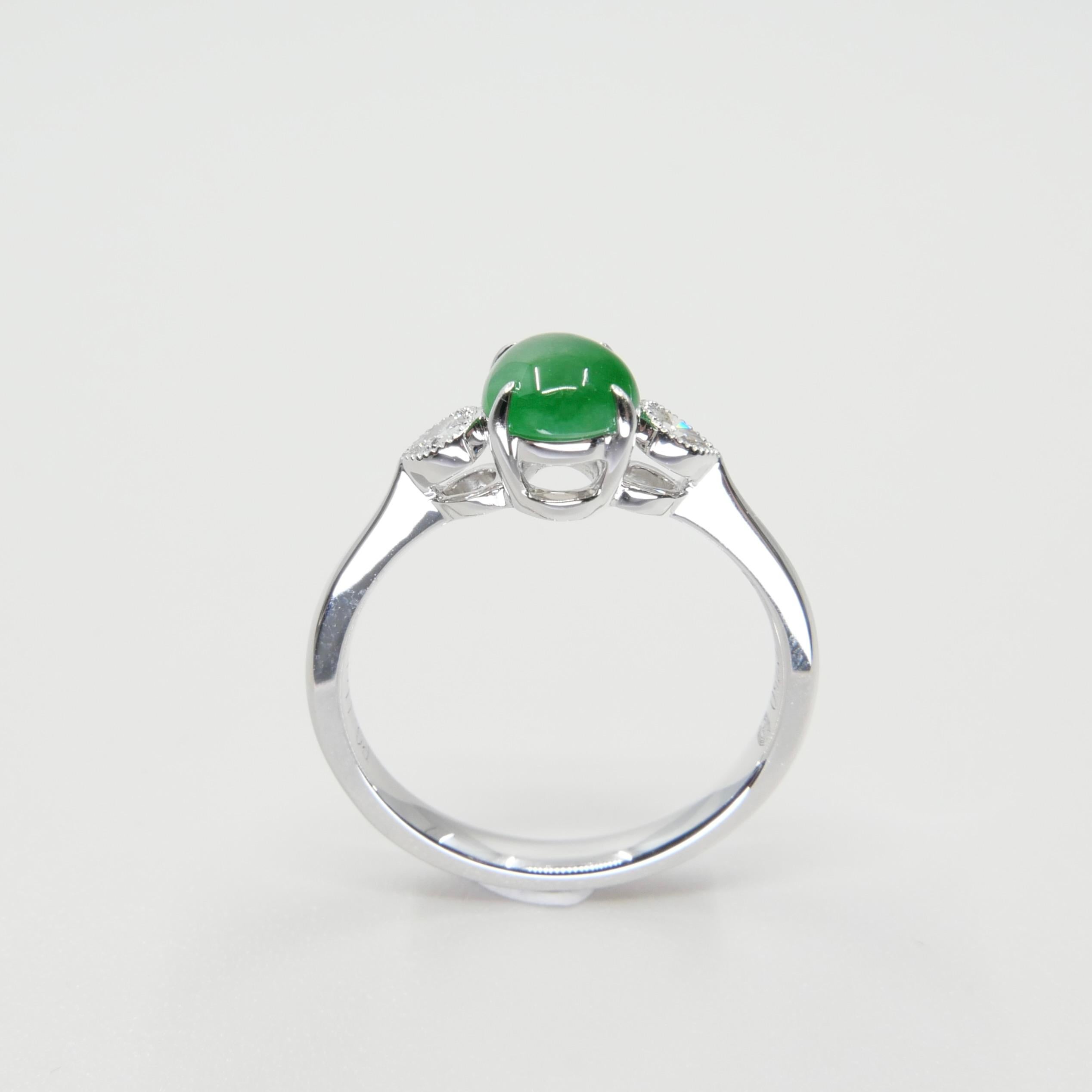 Certified Jade & Diamond 3 Stone Ring, True Imperial Green, Dainty & Elegant For Sale 2