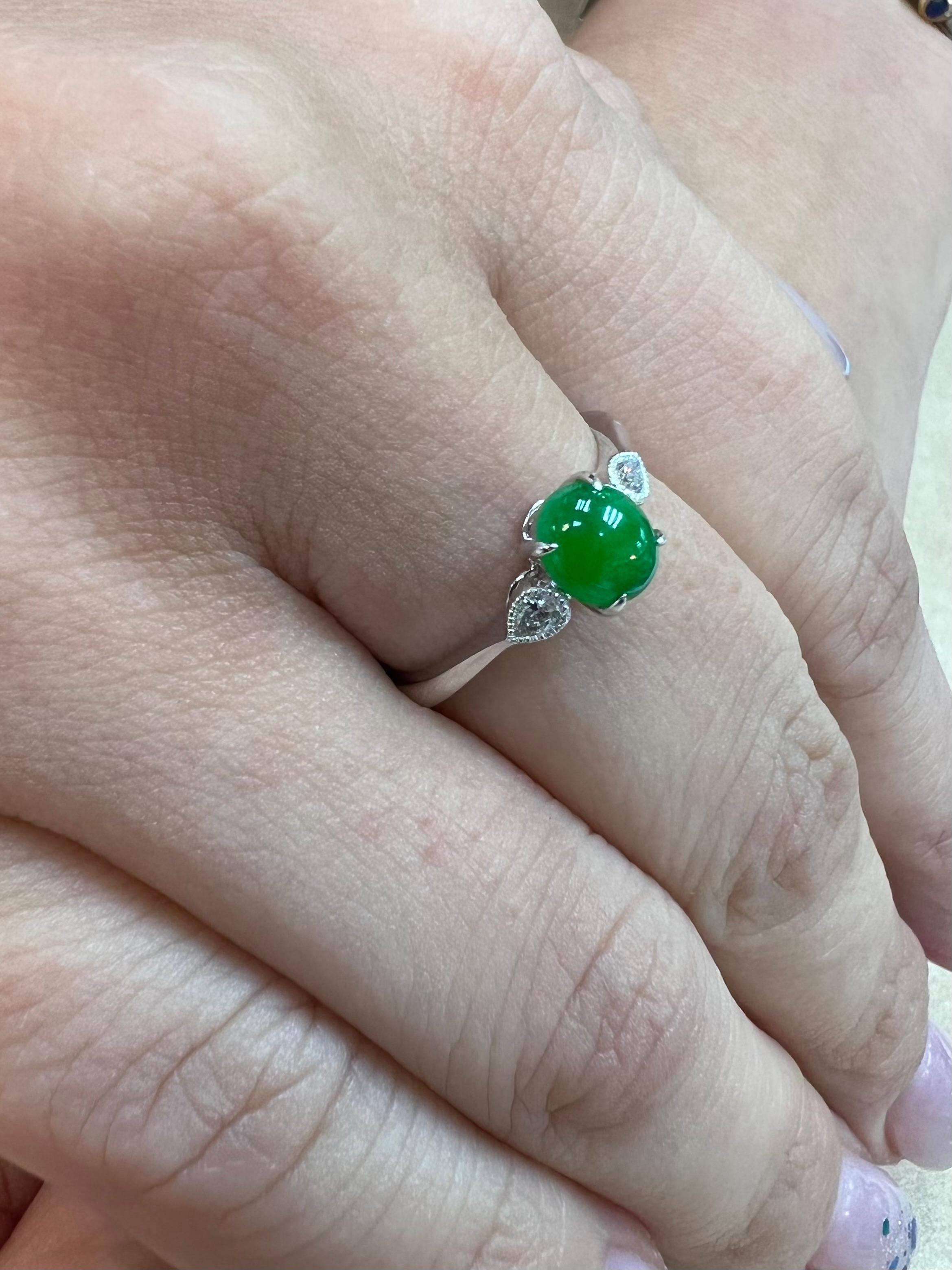 Certified Jade & Diamond 3 Stone Ring, True Imperial Green, Dainty & Elegant For Sale 1