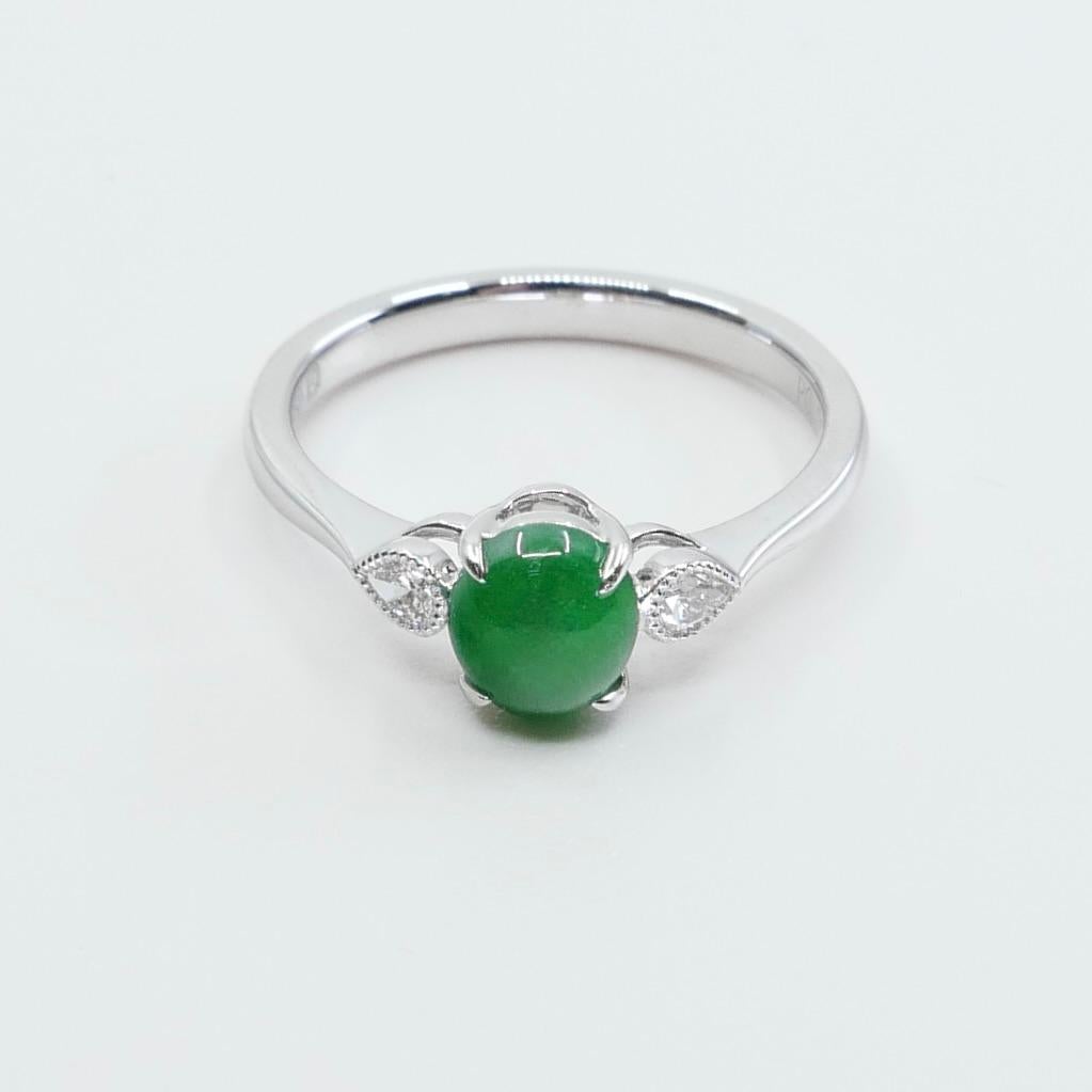 Women's Certified Jade & Diamond 3 Stone Ring, True Imperial Green, Dainty & Elegant For Sale