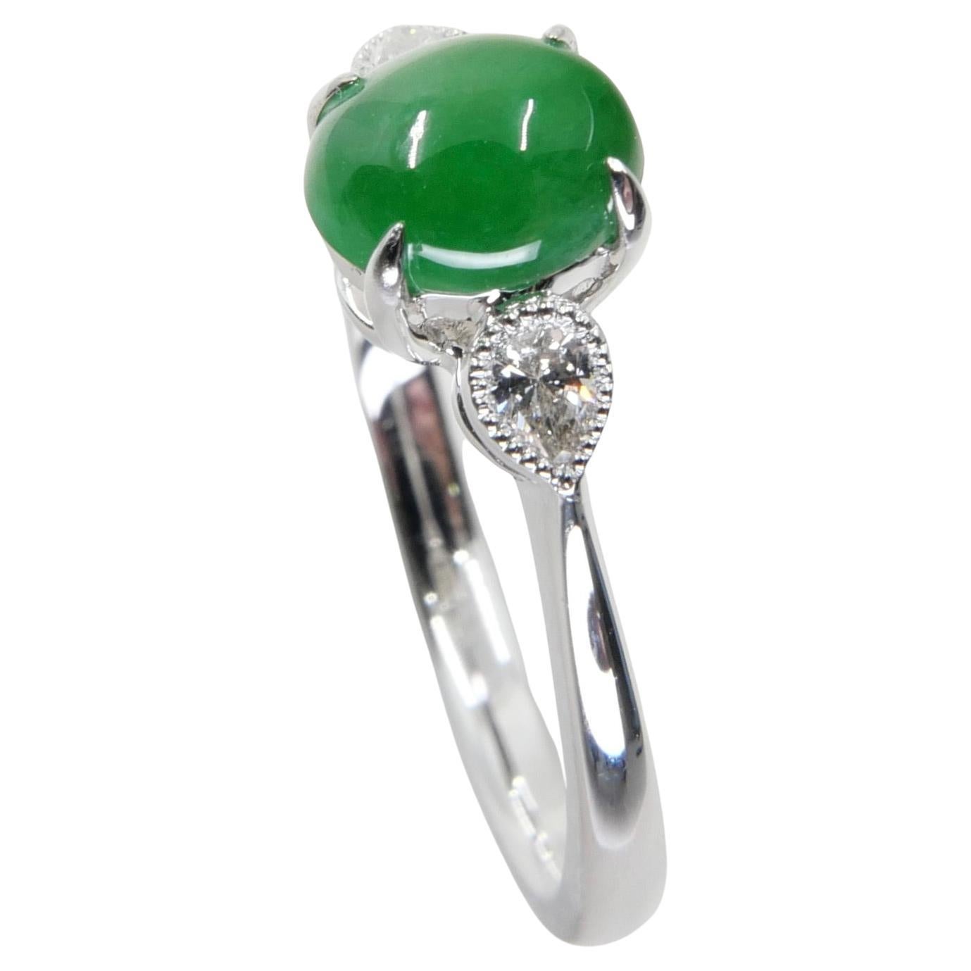 Certified Jade & Diamond 3 Stone Ring, True Imperial Green, Dainty & Elegant For Sale 8