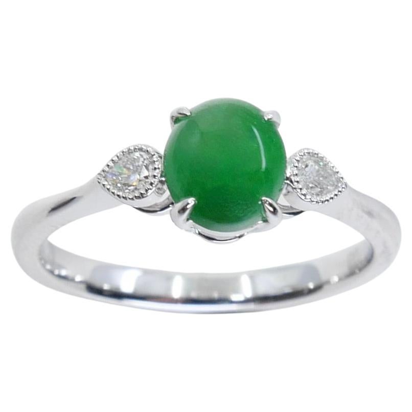Certified Jade & Diamond 3 Stone Ring, True Imperial Green, Dainty & Elegant