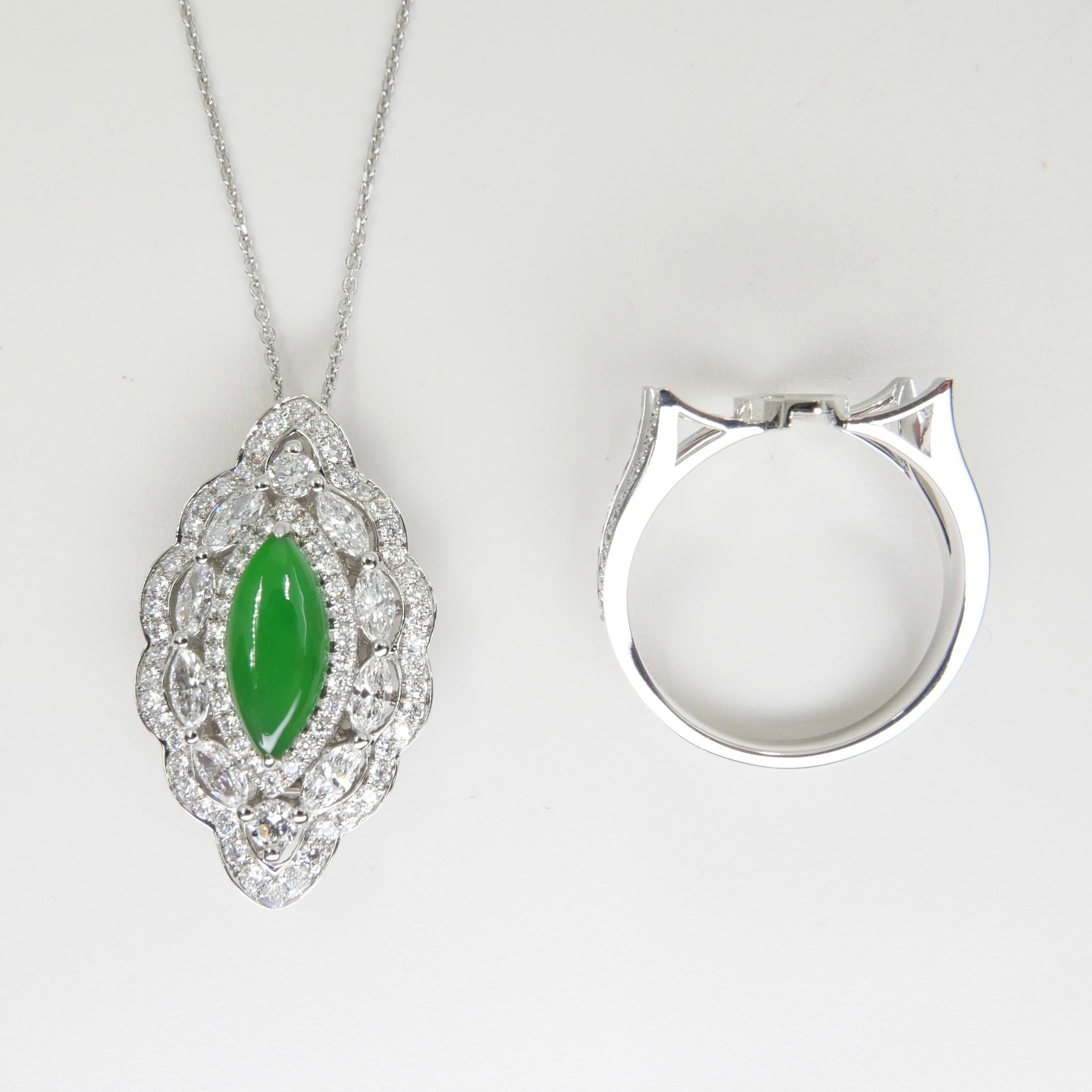 Marquise Cut Certified Jade & Diamond Pendant & Cocktail Ring, Apple Green, Super Glow For Sale