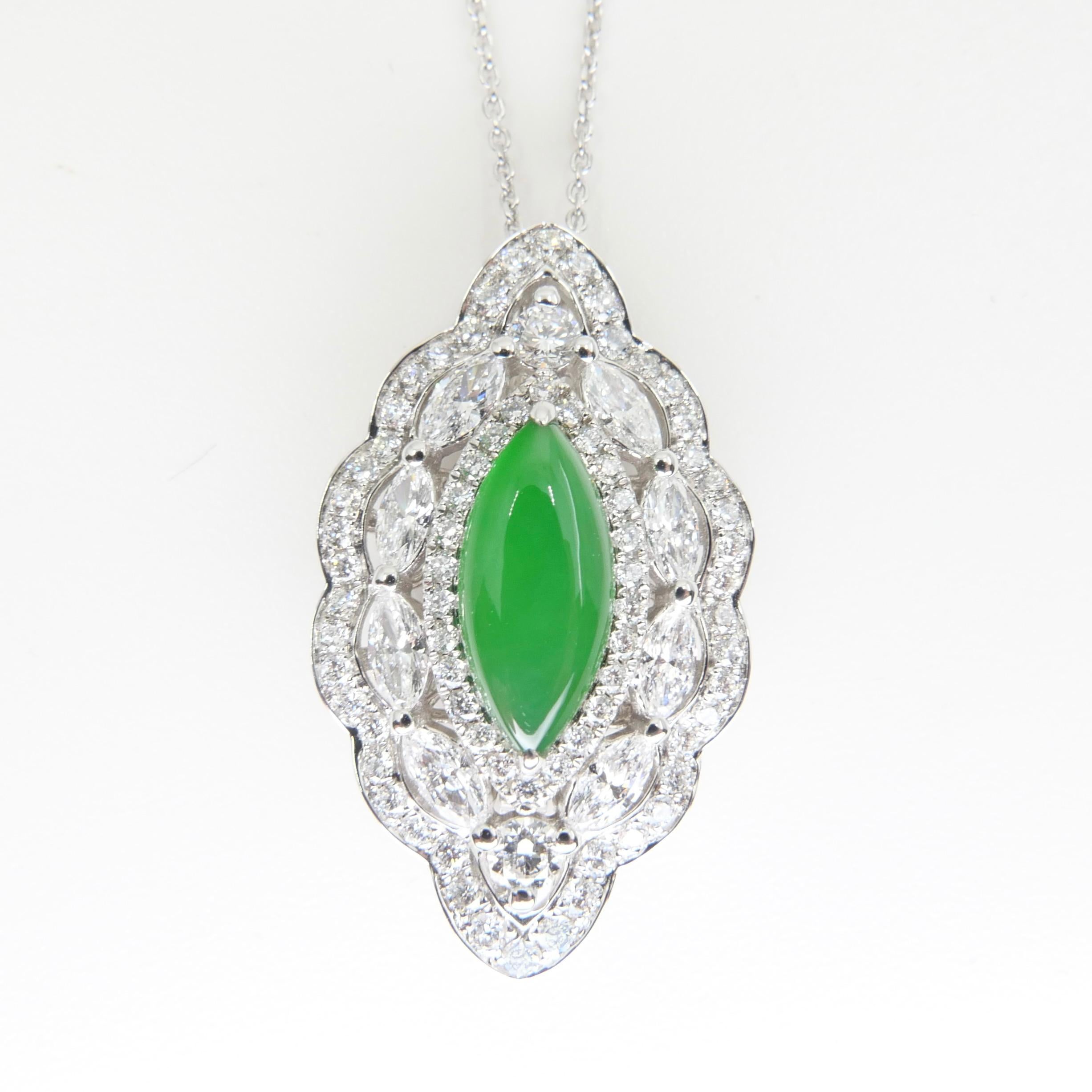 Certified Jade & Diamond Pendant & Cocktail Ring, Apple Green, Super Glow For Sale 10