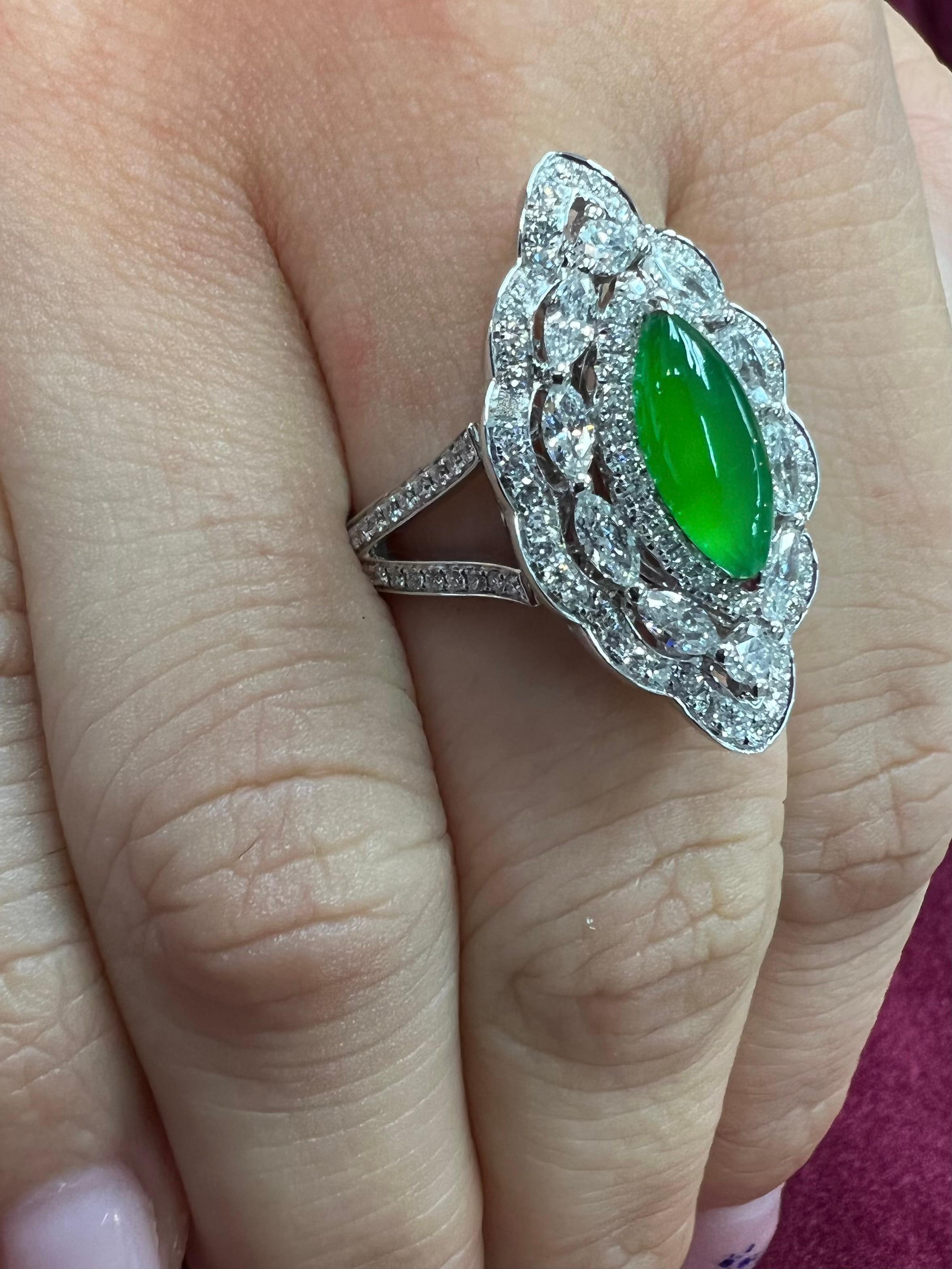 Certified Jade & Diamond Pendant & Cocktail Ring, Apple Green, Super Glow For Sale 2