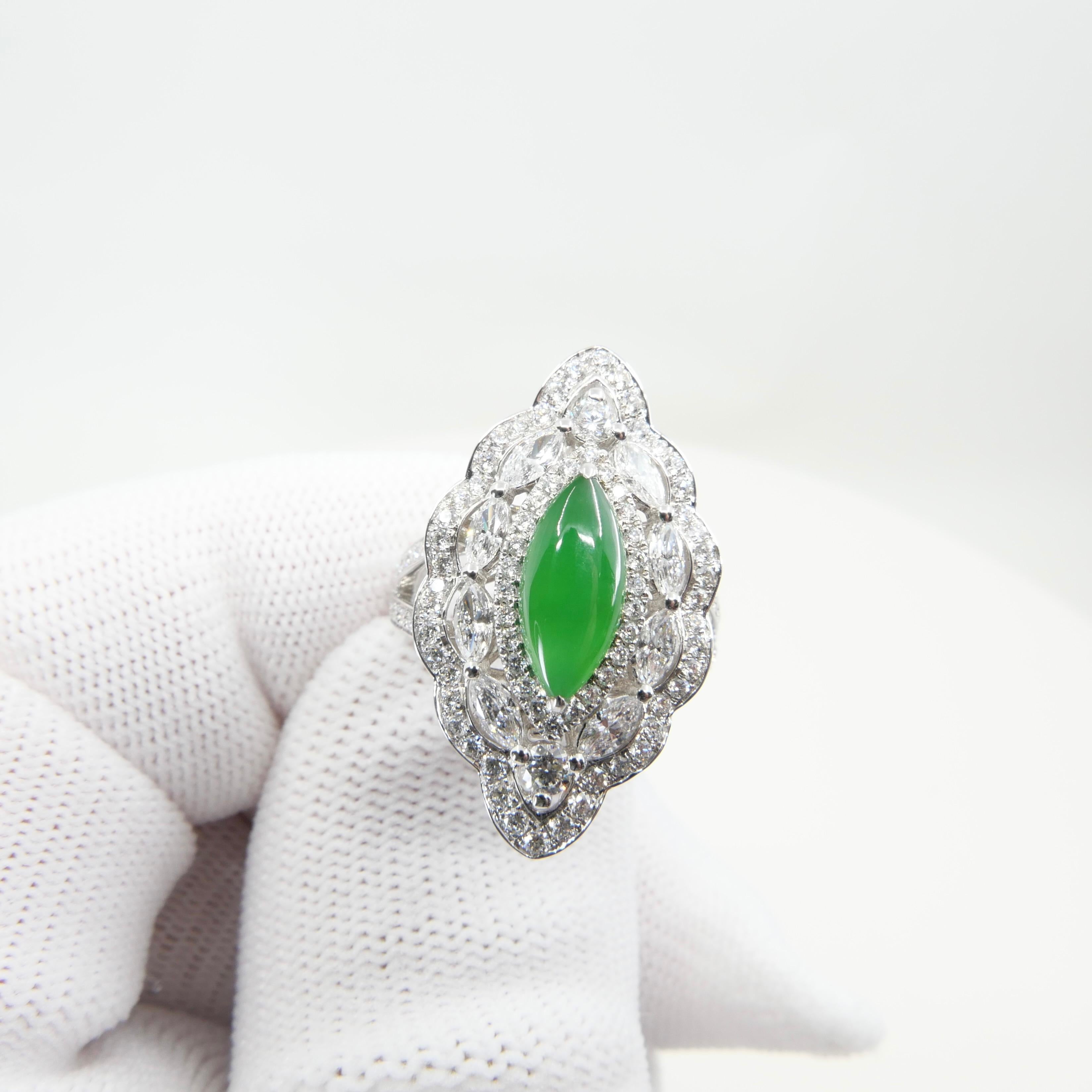 Women's Certified Jade & Diamond Pendant & Cocktail Ring, Apple Green, Super Glow For Sale