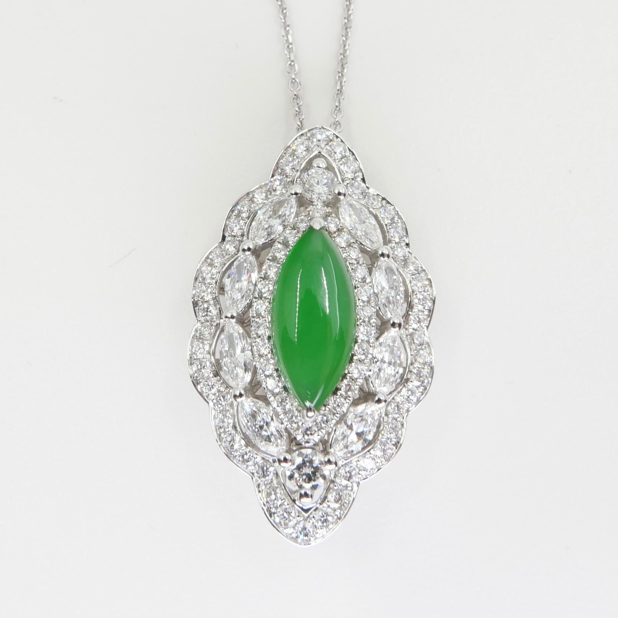 Certified Jade & Diamond Pendant & Cocktail Ring, Apple Green, Super Glow For Sale 3