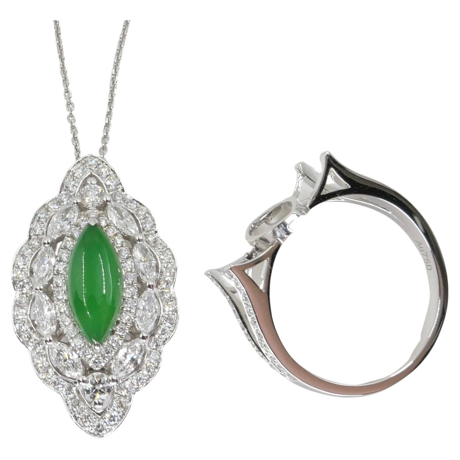 Certified Jade & Diamond Pendant & Cocktail Ring, Apple Green, Super Glow For Sale