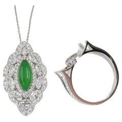 Pendentif et bague cocktail en jade certifié et diamants, vert pomme, Super Glow