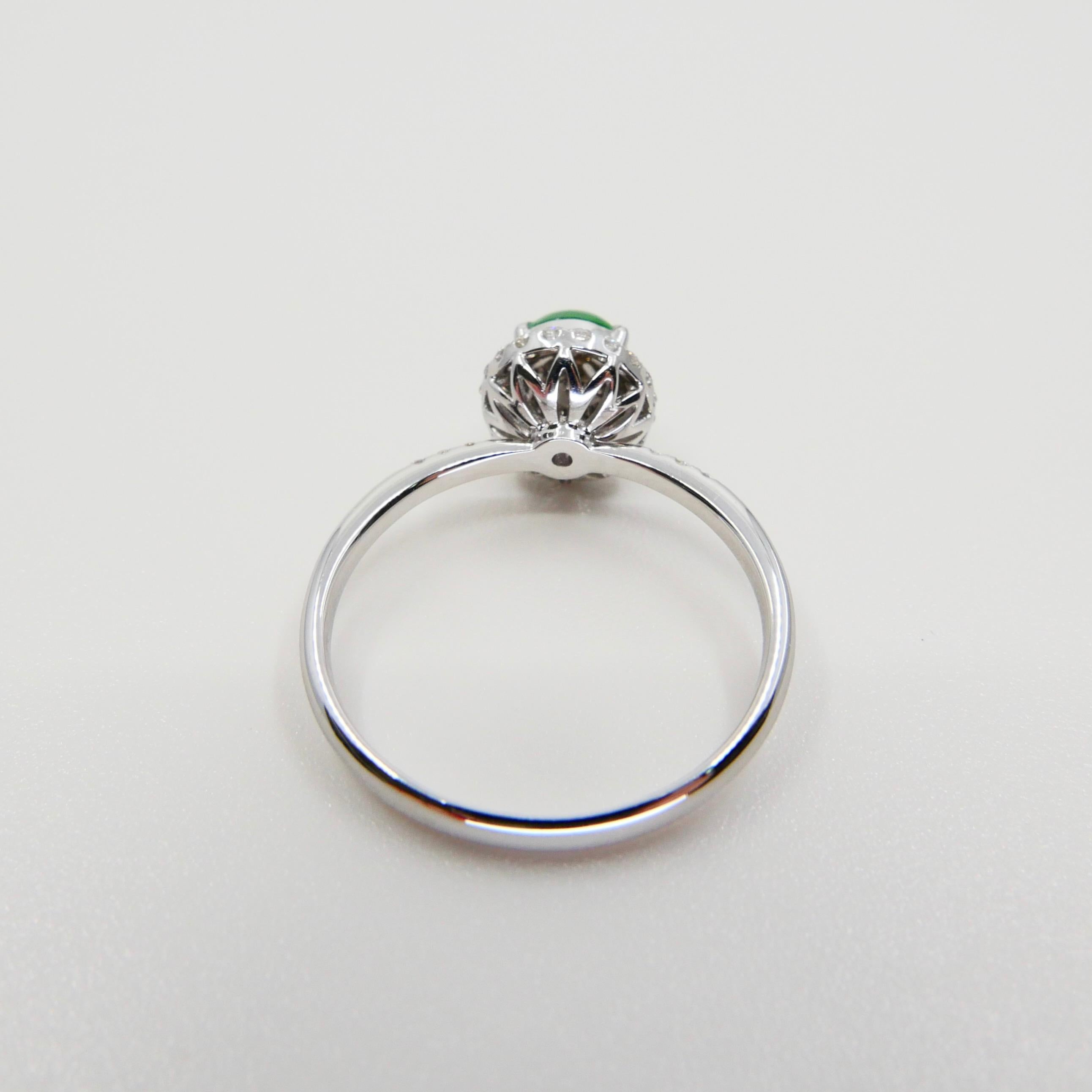Certified Jade & Diamond Ring, Almost Imperial Green Color, Dainty, Superb Glow 3