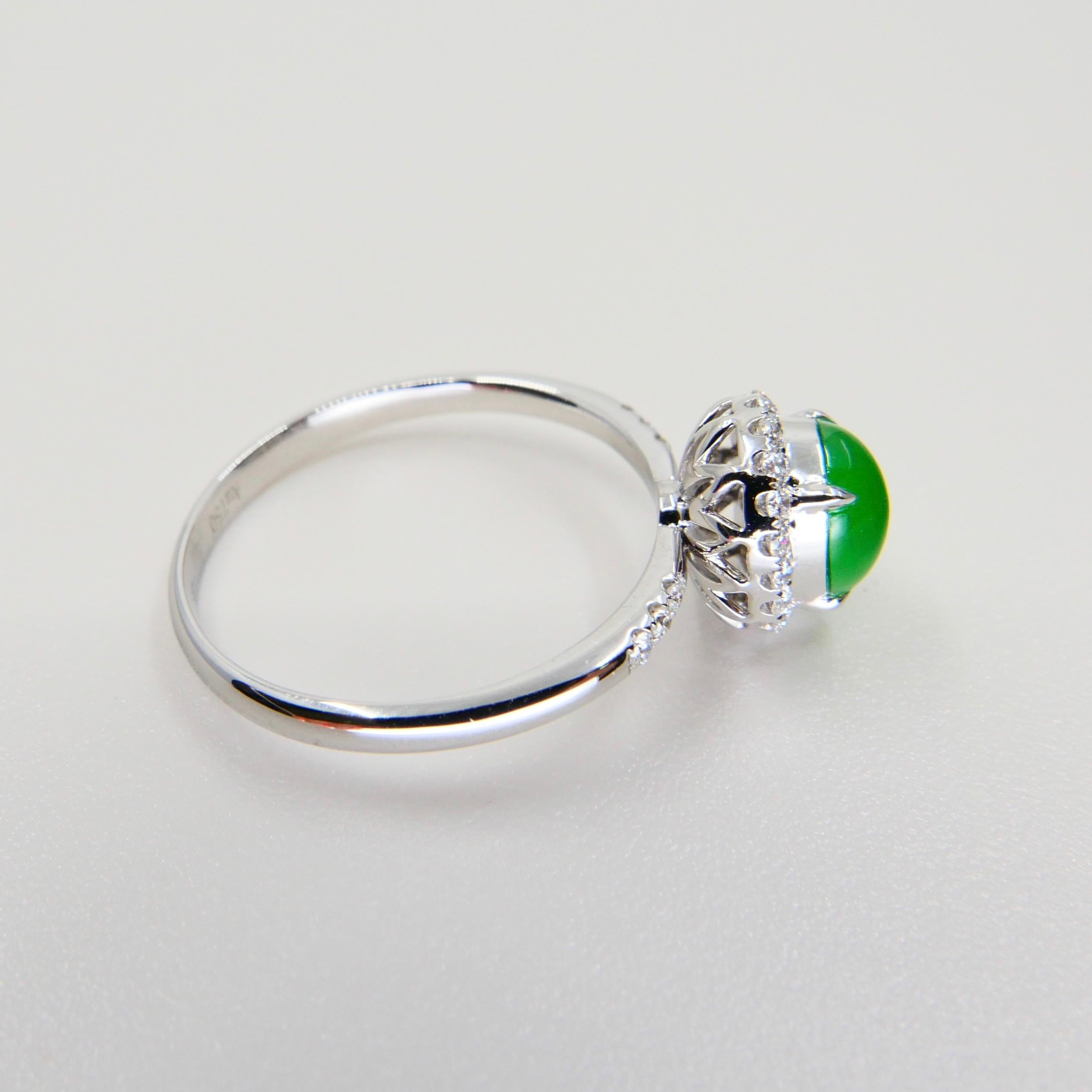 Certified Jade & Diamond Ring, Almost Imperial Green Color, Dainty, Superb Glow For Sale 4