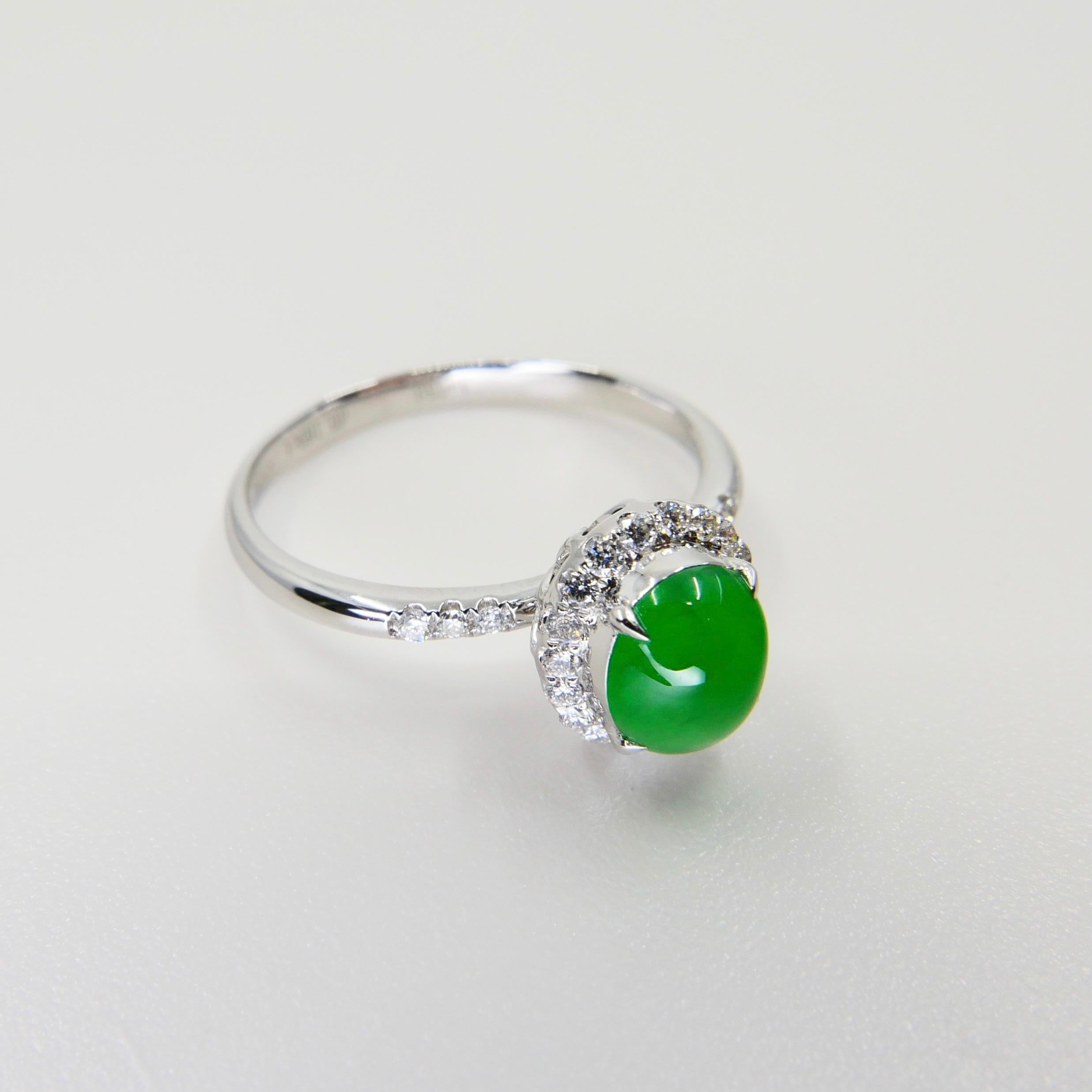Certified Jade & Diamond Ring, Almost Imperial Green Color, Dainty, Superb Glow For Sale 5