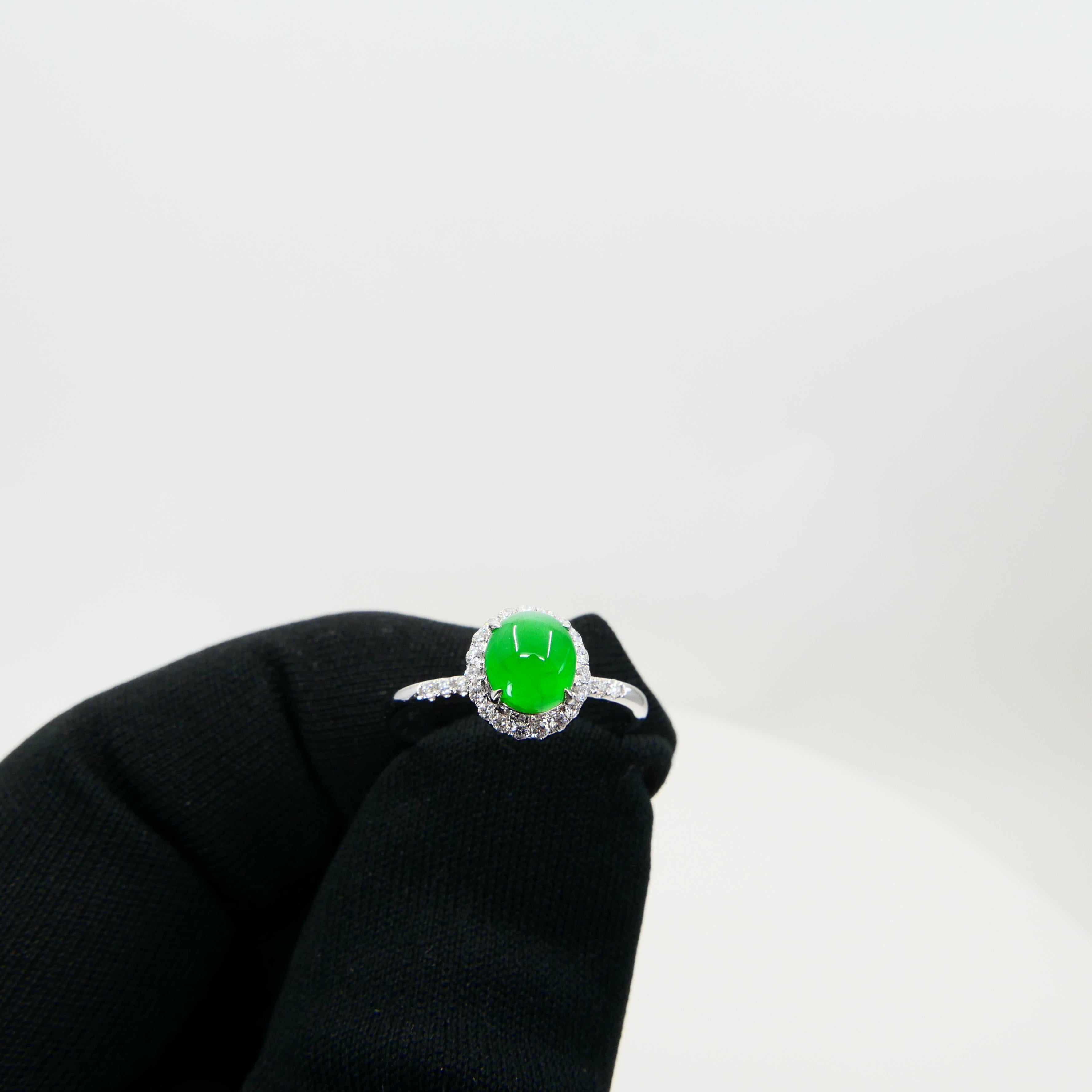Certified Jade & Diamond Ring, Almost Imperial Green Color, Dainty, Superb Glow For Sale 6
