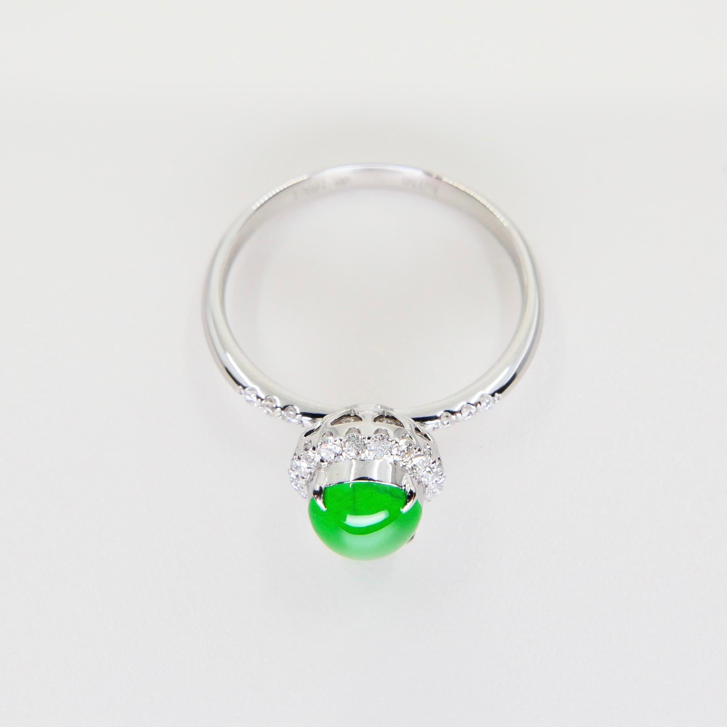 Certified Jade & Diamond Ring, Almost Imperial Green Color, Dainty, Superb Glow For Sale 7