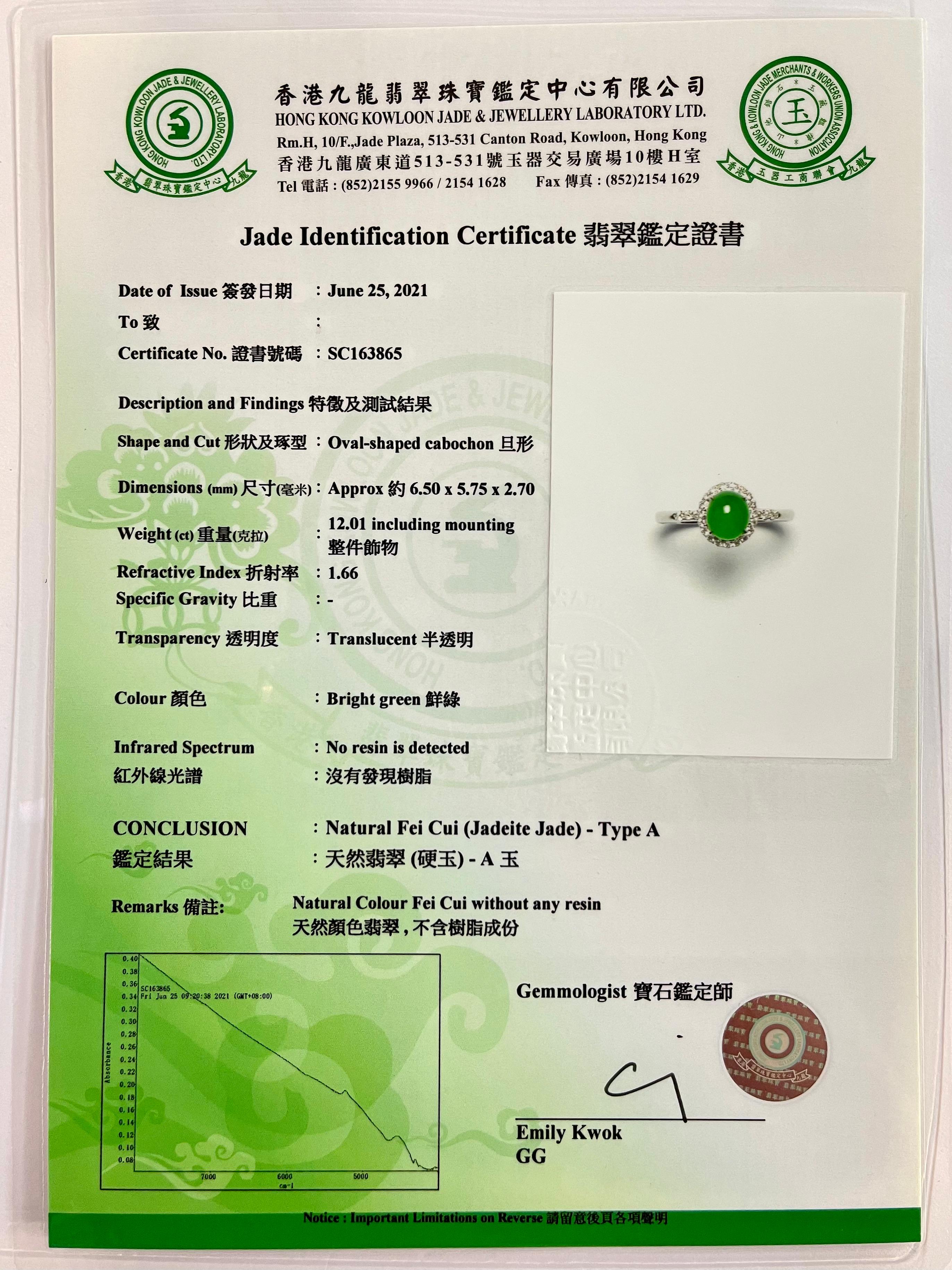 Zertifizierter Jade- und Diamantring, fast kaiserlich-grüne Farbe, Dainty, herrlich glänzend im Angebot 11