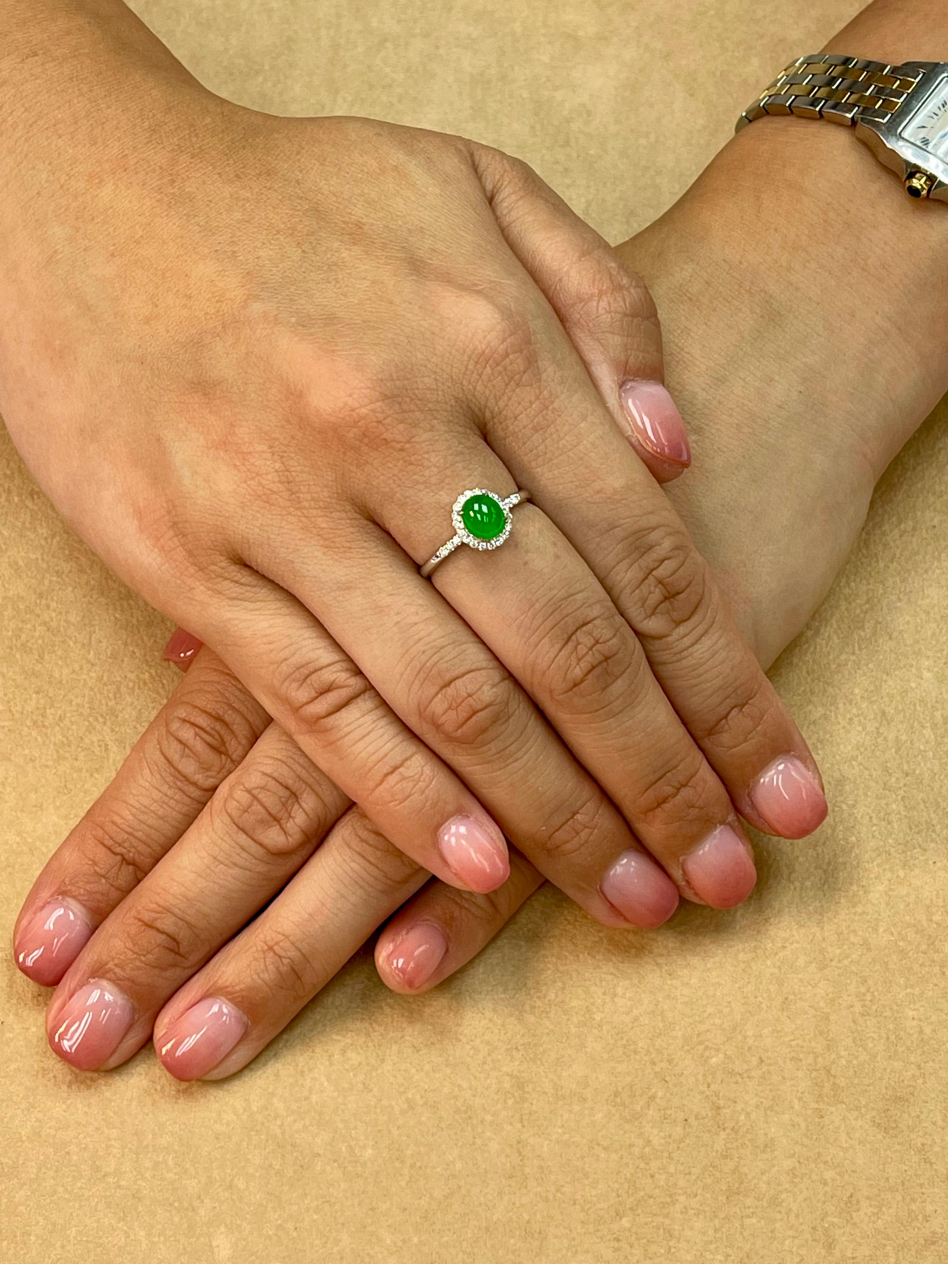 Cabochon Certified Jade & Diamond Ring, Almost Imperial Green Color, Dainty, Superb Glow For Sale