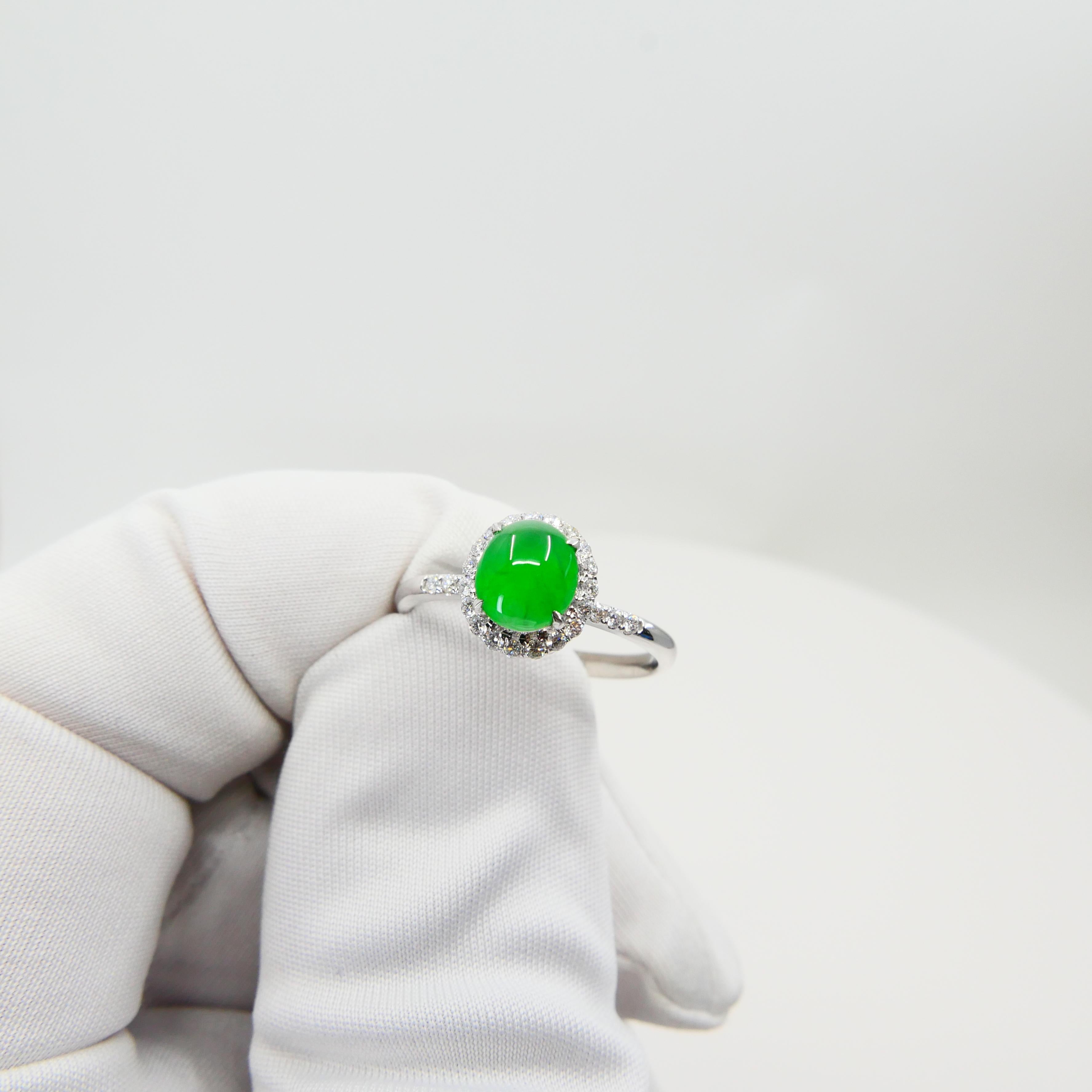 Contemporary Certified Jade & Diamond Ring, Almost Imperial Green Color, Dainty, Superb Glow For Sale