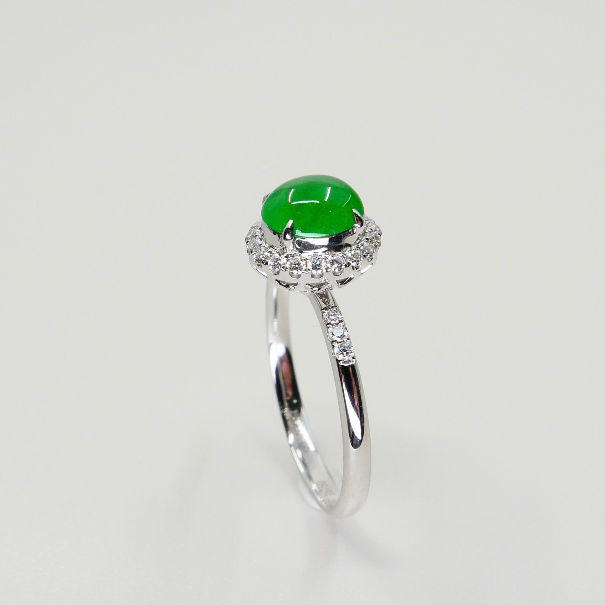 Certified Jade & Diamond Ring, Almost Imperial Green Color, Dainty, Superb Glow In New Condition In Hong Kong, HK