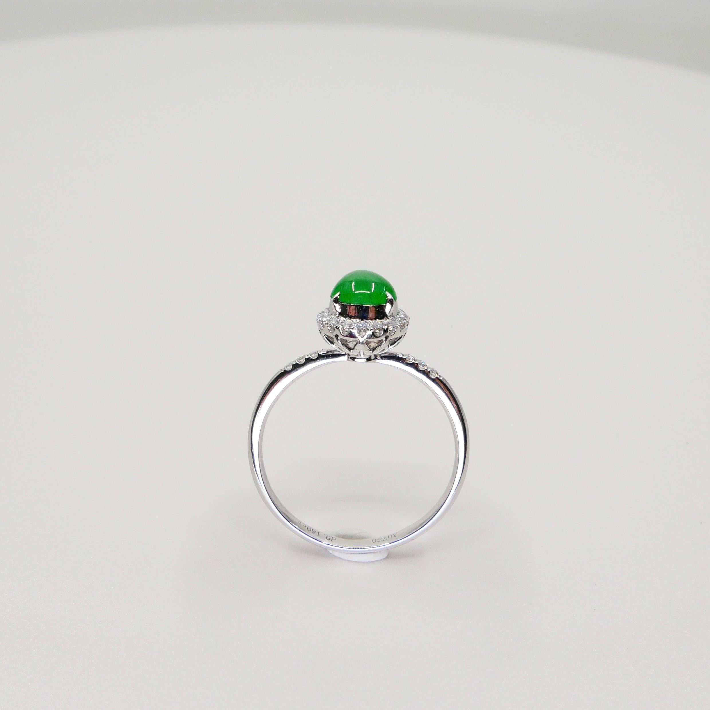 Women's Certified Jade & Diamond Ring, Almost Imperial Green Color, Dainty, Superb Glow For Sale