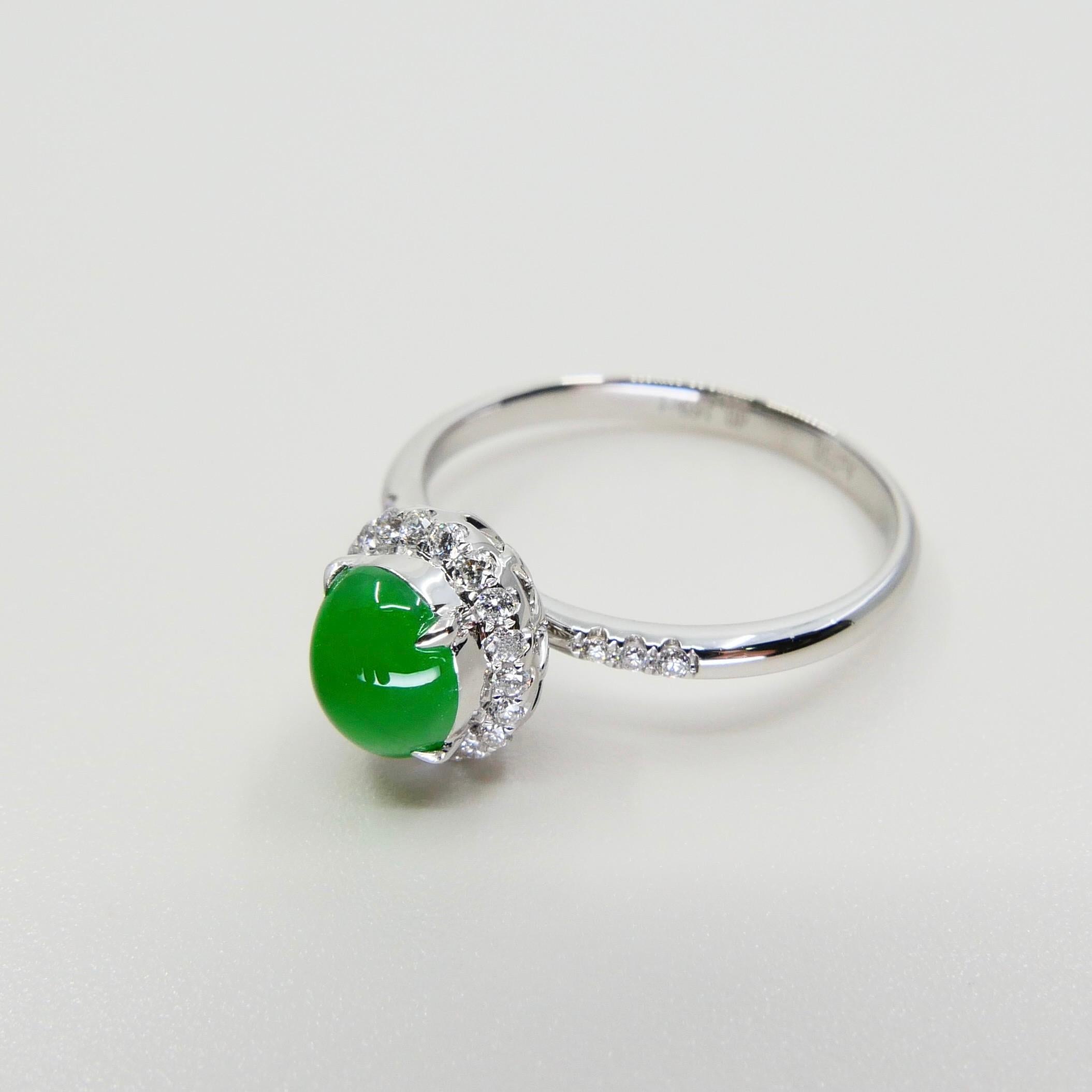 Certified Jade & Diamond Ring, Almost Imperial Green Color, Dainty, Superb Glow For Sale 1