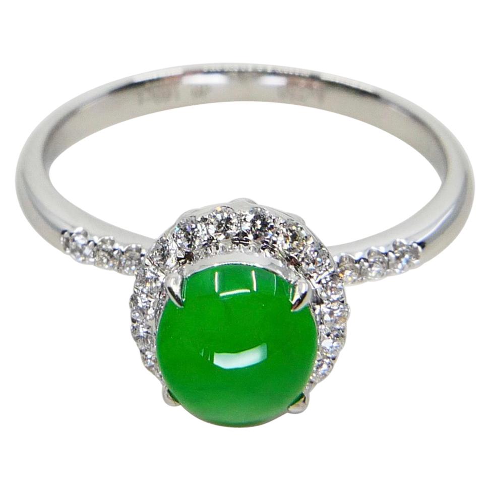 Certified Jade & Diamond Ring, Almost Imperial Green Color, Dainty, Superb Glow For Sale