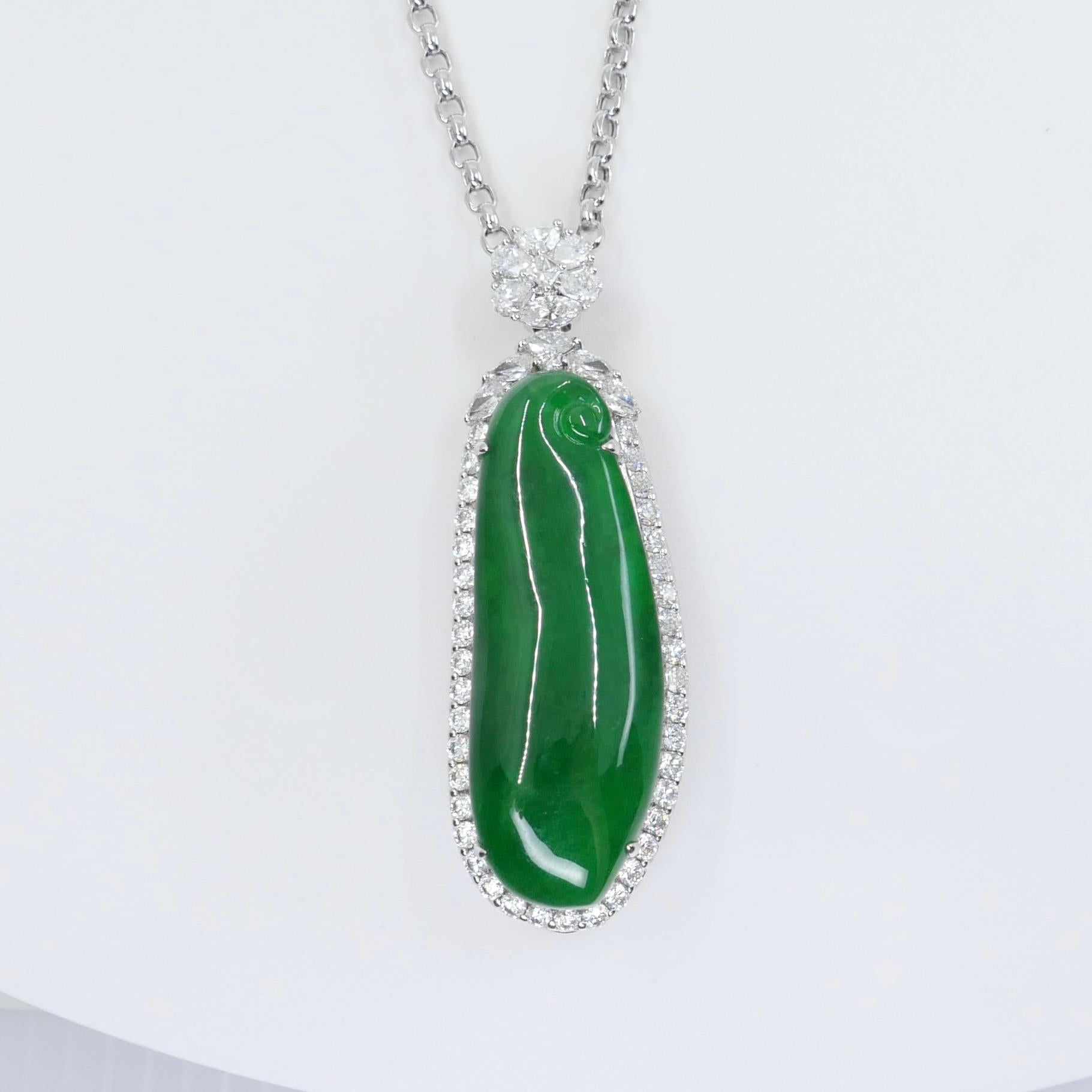 Certified Jade & Diamond Statement Pendant. Imperial Green Color & Substantial.  For Sale 3