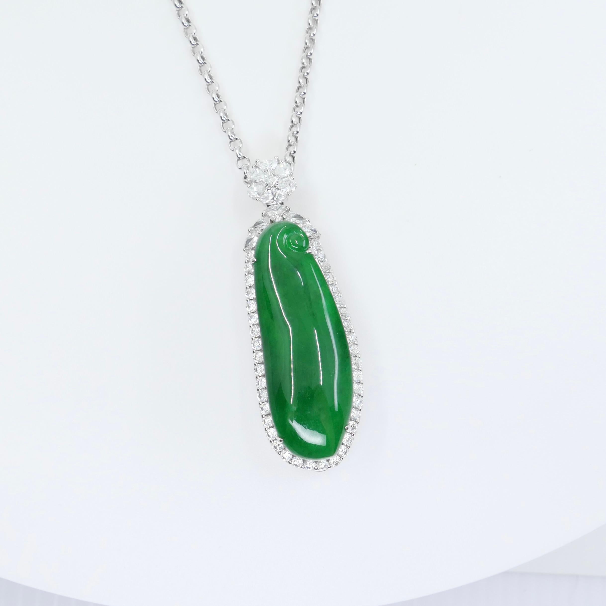 Certified Jade & Diamond Statement Pendant. Imperial Green Color & Substantial.  For Sale 5