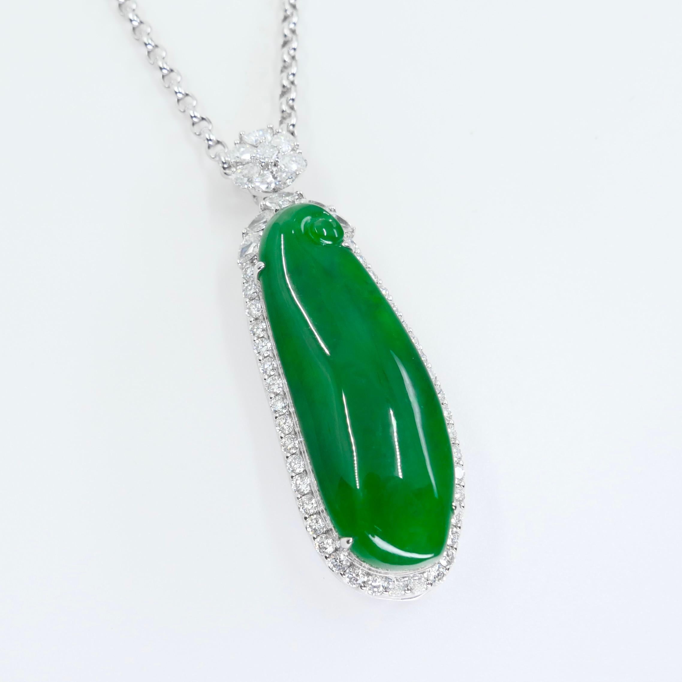 Rough Cut Certified Jade & Diamond Statement Pendant. Imperial Green Color & Substantial.  For Sale