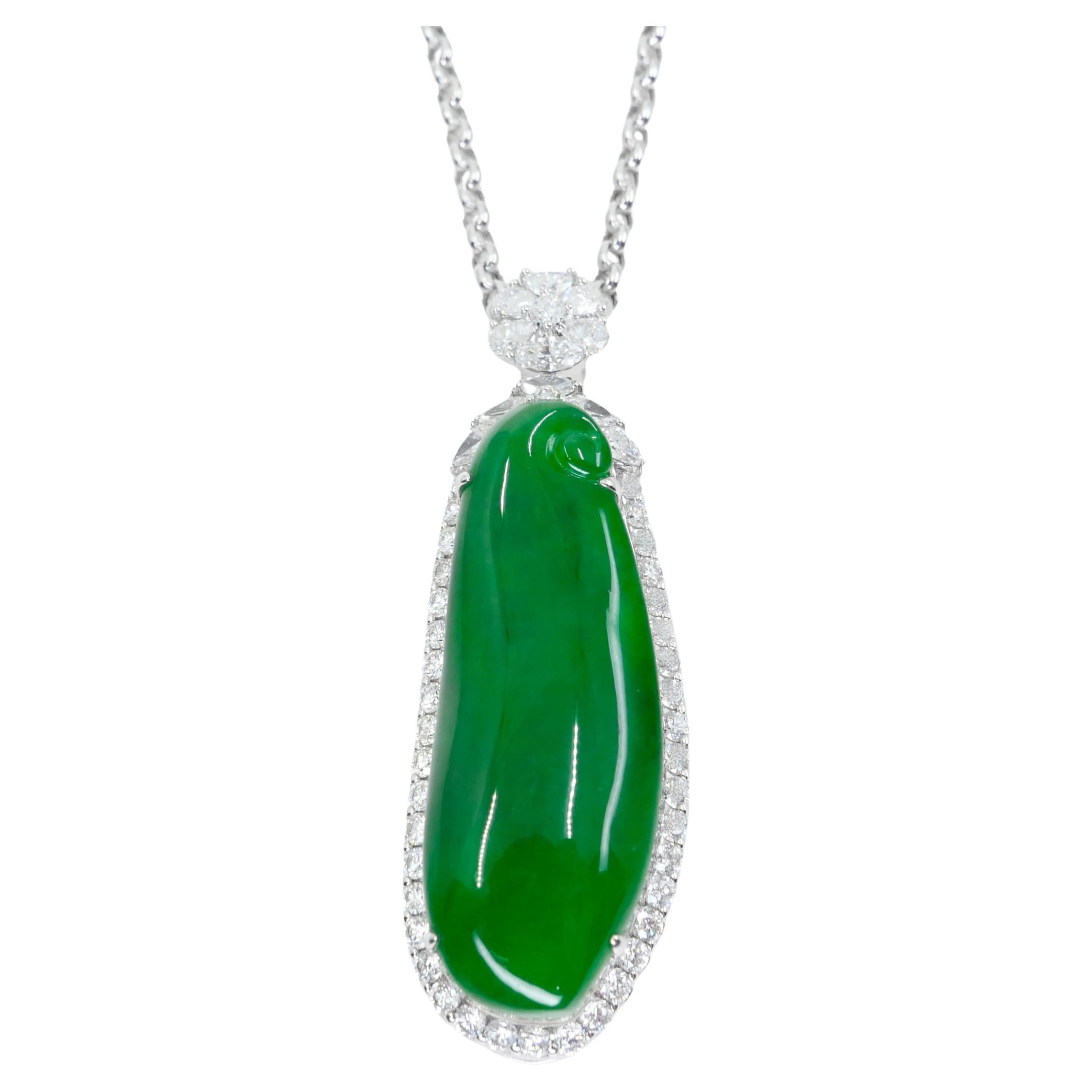 Certified Jade & Diamond Statement Pendant. Imperial Green Color & Substantial.  For Sale