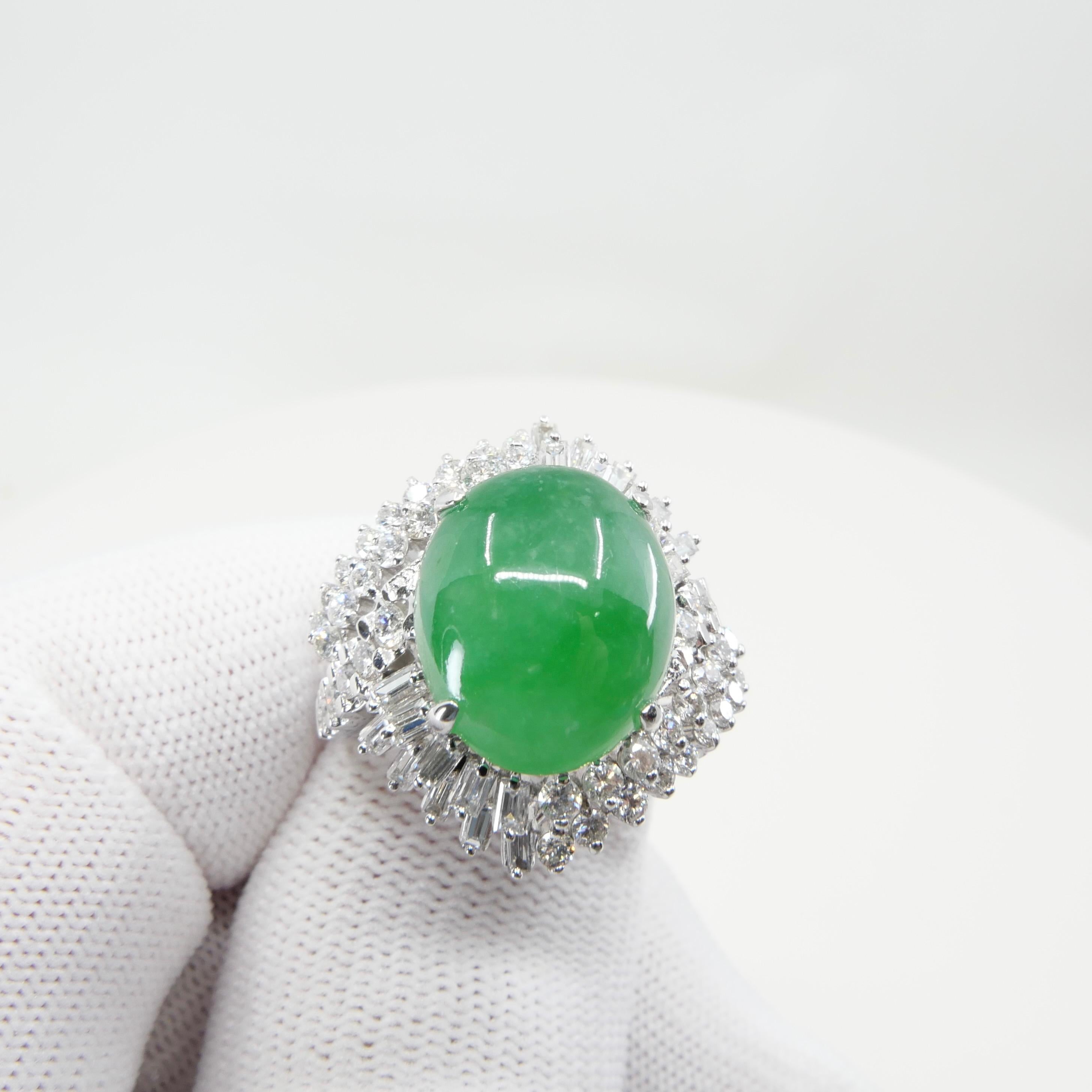 Certified Jade & Diamond Vintage Cocktail Ring. Apple Green. Substantial.  For Sale 11