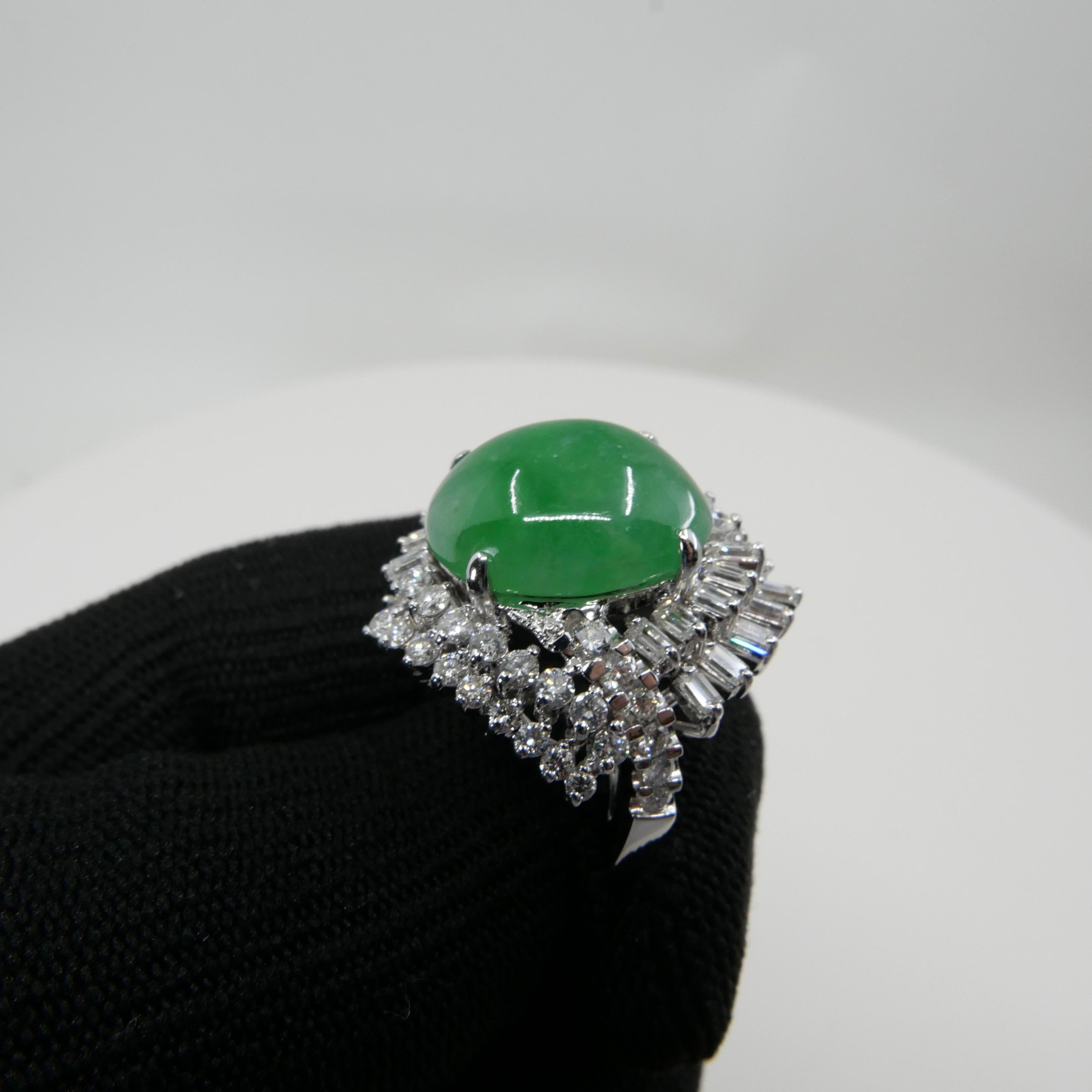 Certified Jade & Diamond Vintage Cocktail Ring. Apple Green. Substantial.  For Sale 12