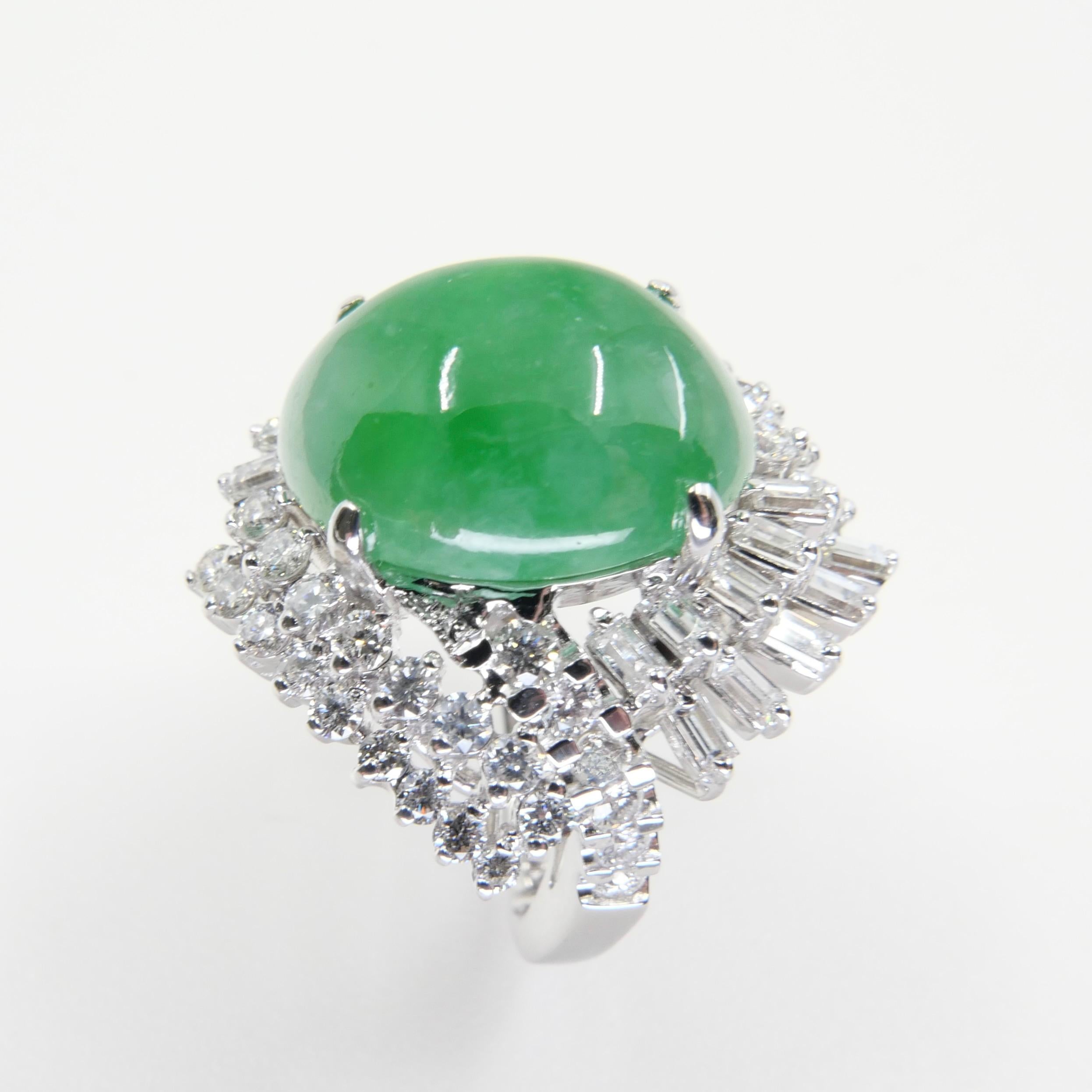 Contemporary Certified Jade & Diamond Vintage Cocktail Ring. Apple Green. Substantial.  For Sale
