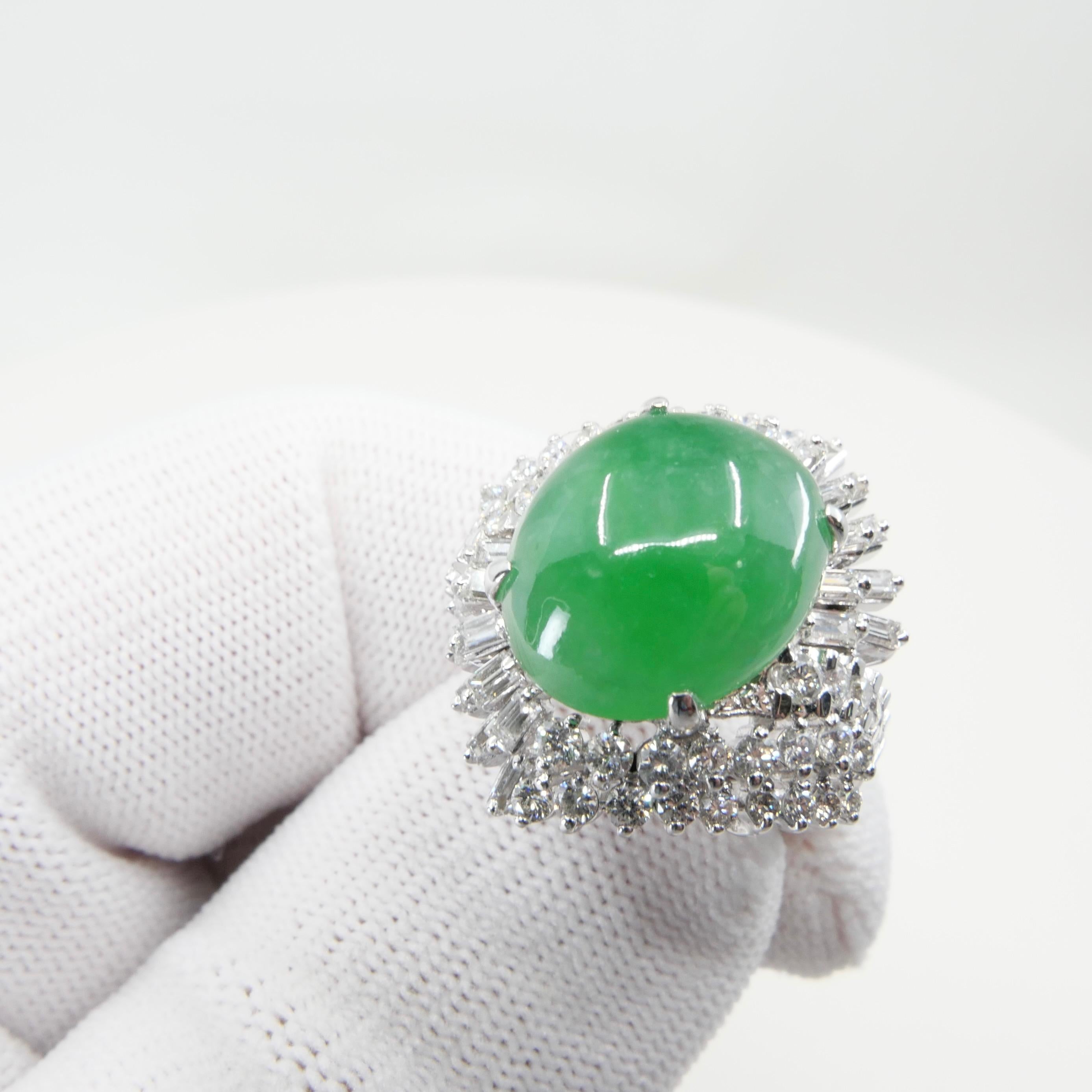 Cabochon Certified Jade & Diamond Vintage Cocktail Ring. Apple Green. Substantial.  For Sale