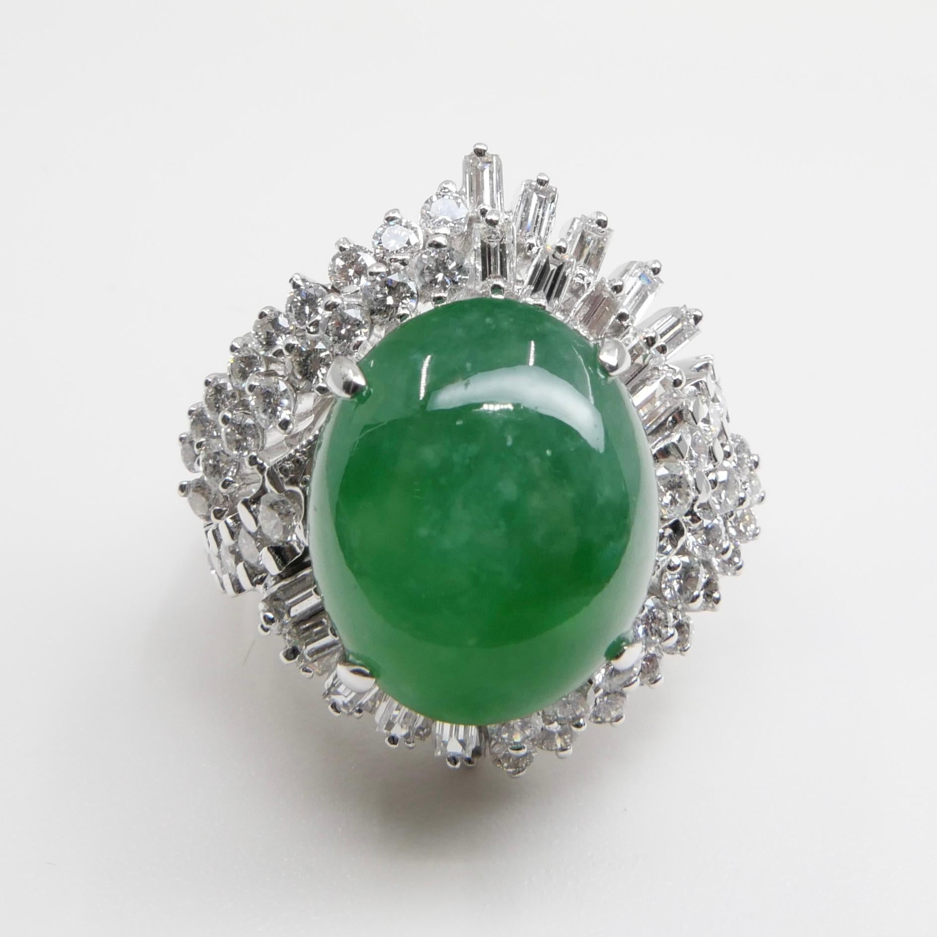 Certified Jade & Diamond Vintage Cocktail Ring. Apple Green. Substantial.  For Sale 2