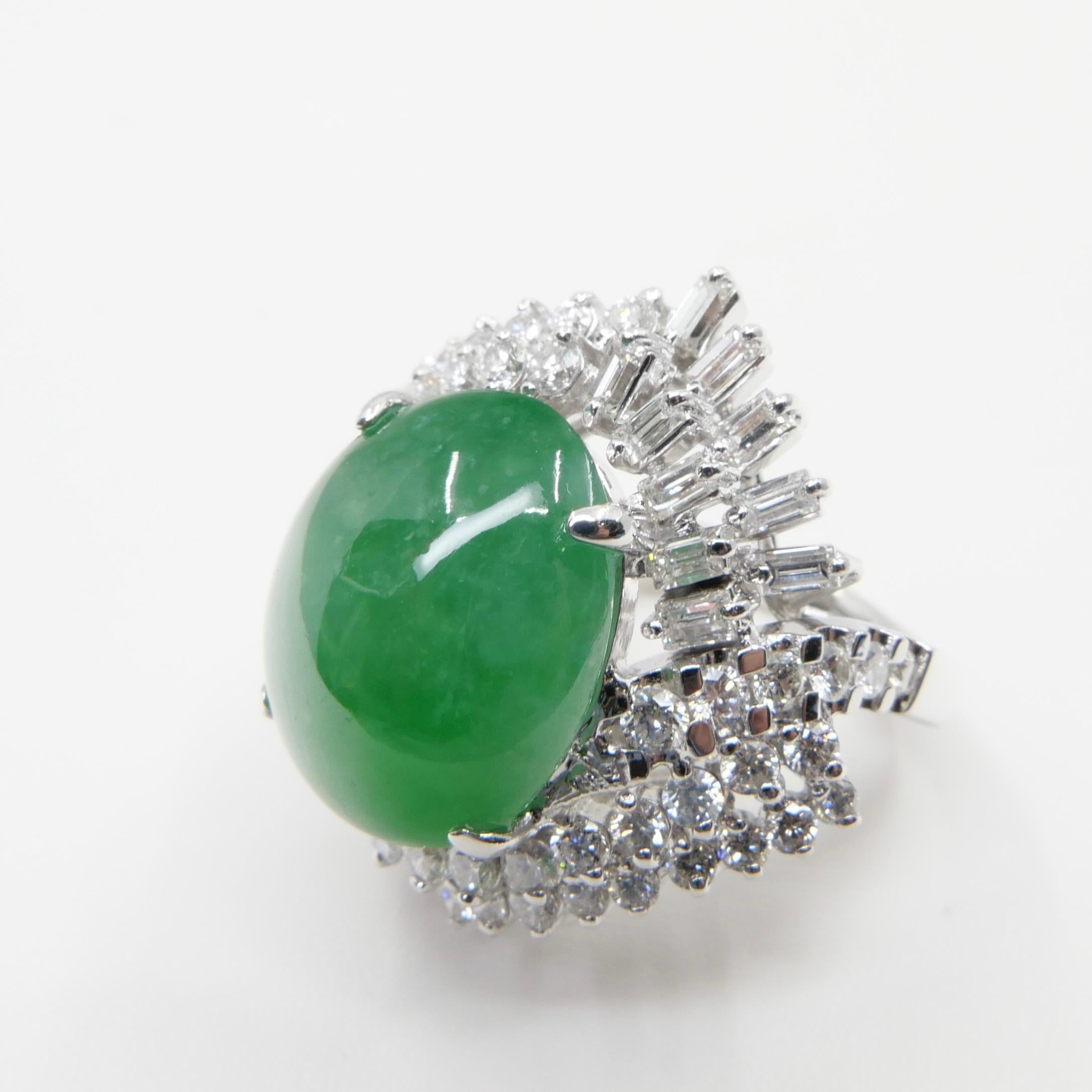 Certified Jade & Diamond Vintage Cocktail Ring. Apple Green. Substantial.  For Sale 3