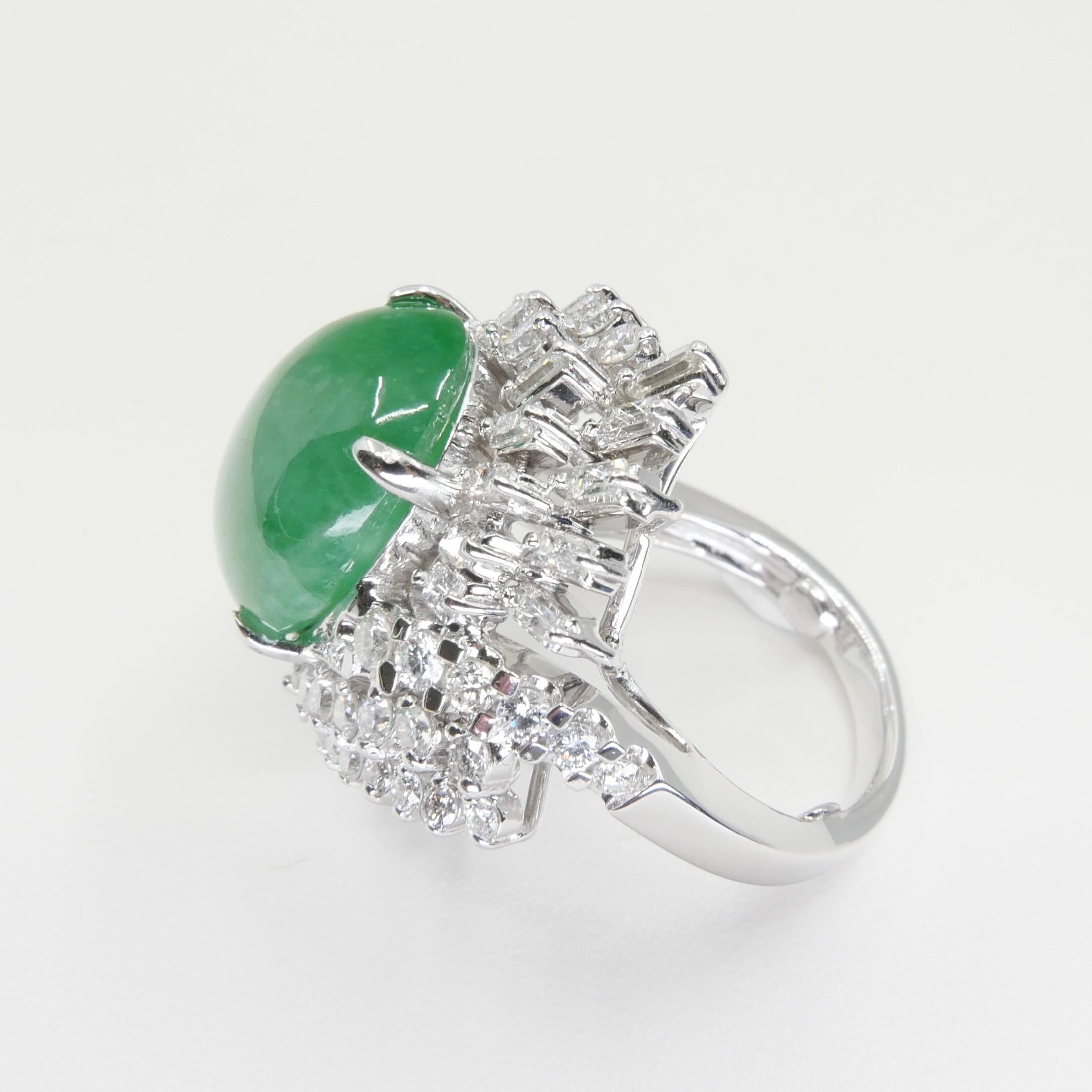 Certified Jade & Diamond Vintage Cocktail Ring. Apple Green. Substantial.  For Sale 4