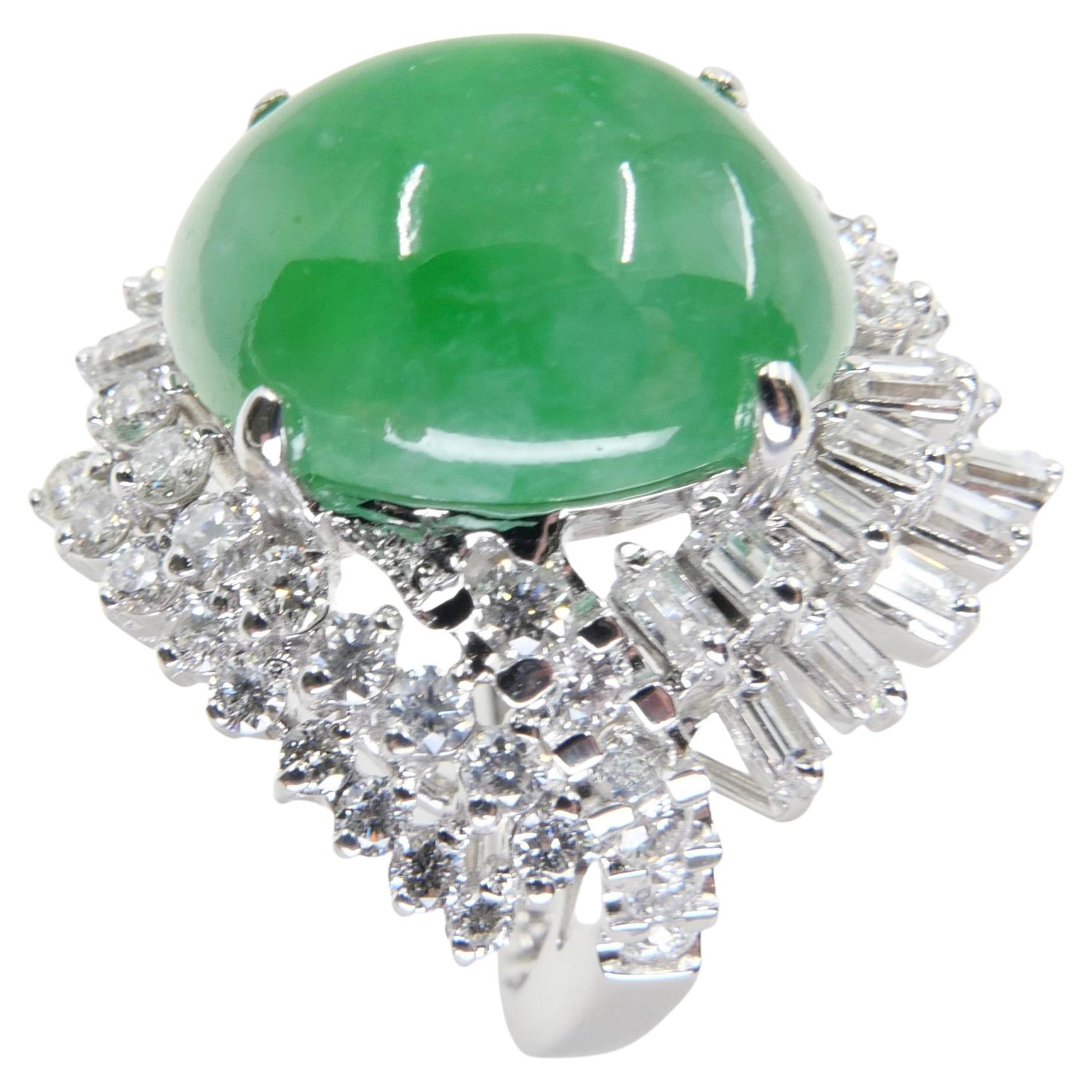 Certified Jade & Diamond Vintage Cocktail Ring. Apple Green. Substantial.  For Sale