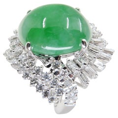 Certified Jade & Diamond Vintage Cocktail Ring. Apple Green. Substantial. 