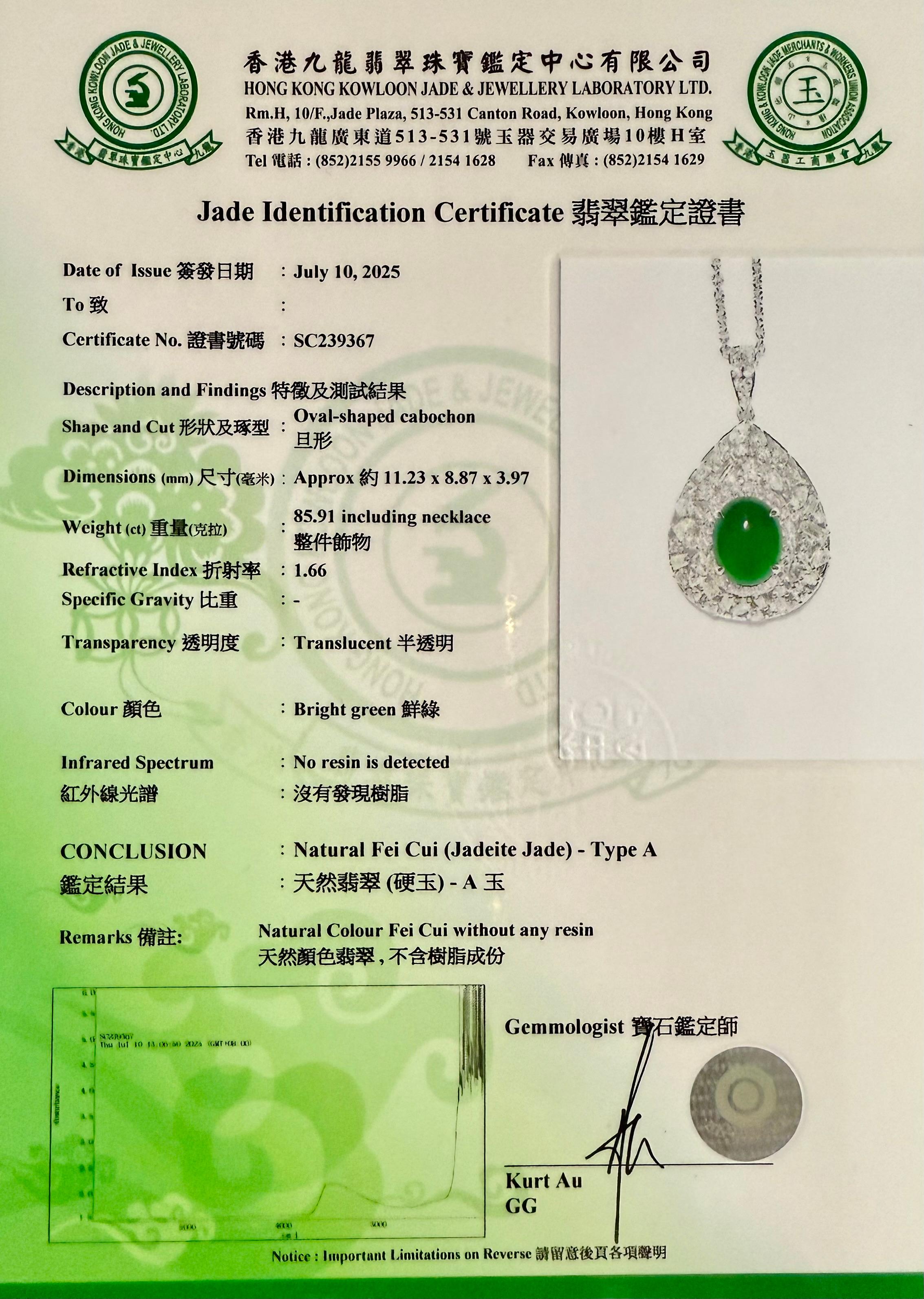Collana con ciondolo di giada certificata con taglio fantasia. Verde imperiale con splendore supremo! in vendita 10