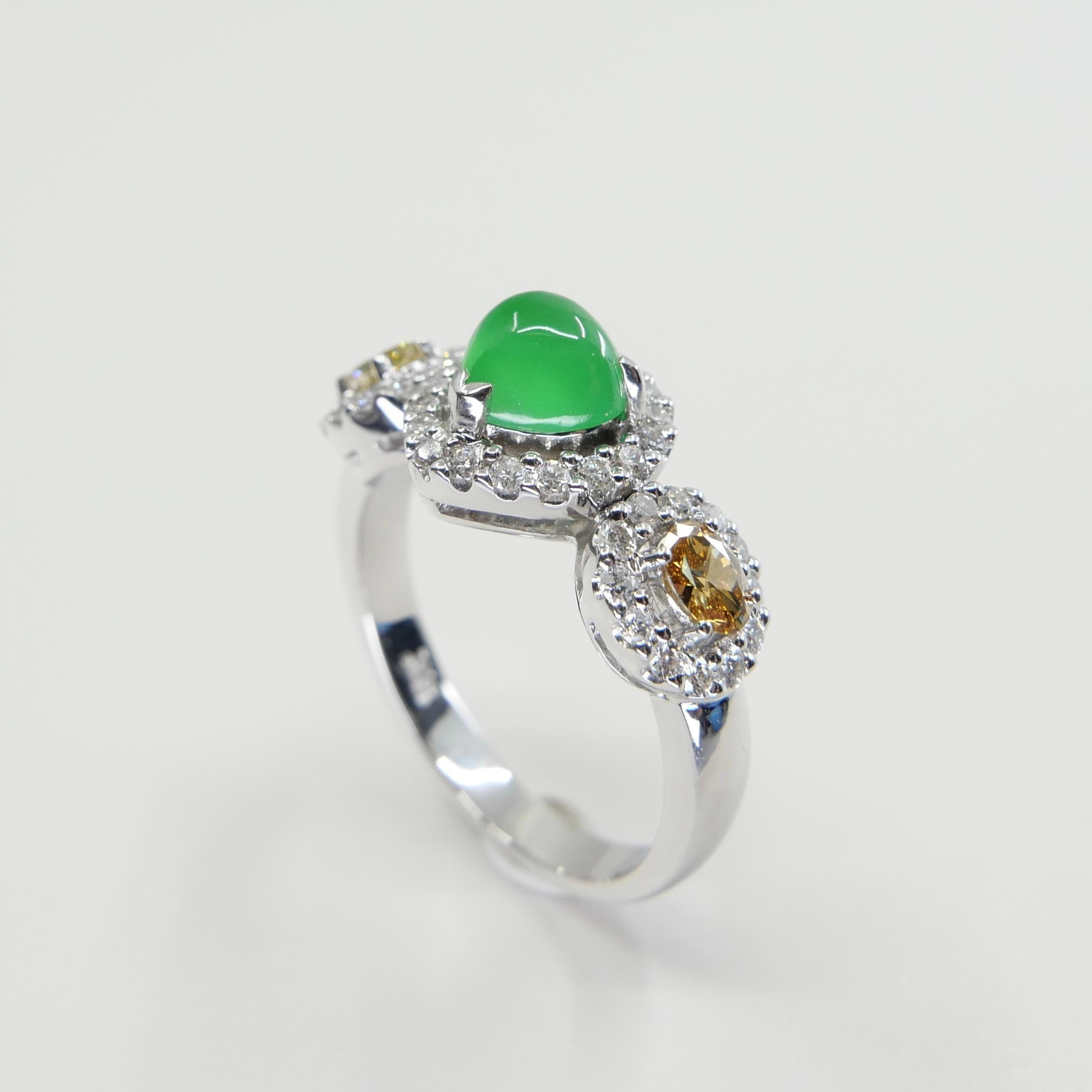 Certified Jade & Fancy Yellow Diamond Cocktail Ring, Glowing Apple Green Jade For Sale 3