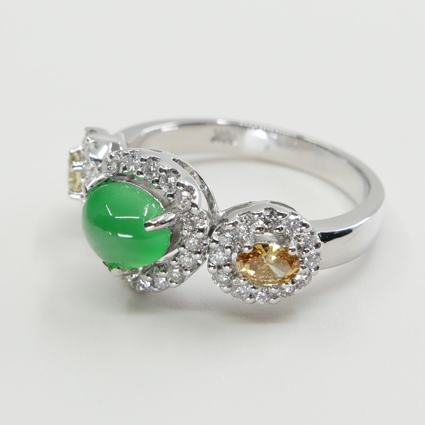 Certified Jade & Fancy Yellow Diamond Cocktail Ring, Glowing Apple Green Jade For Sale 7