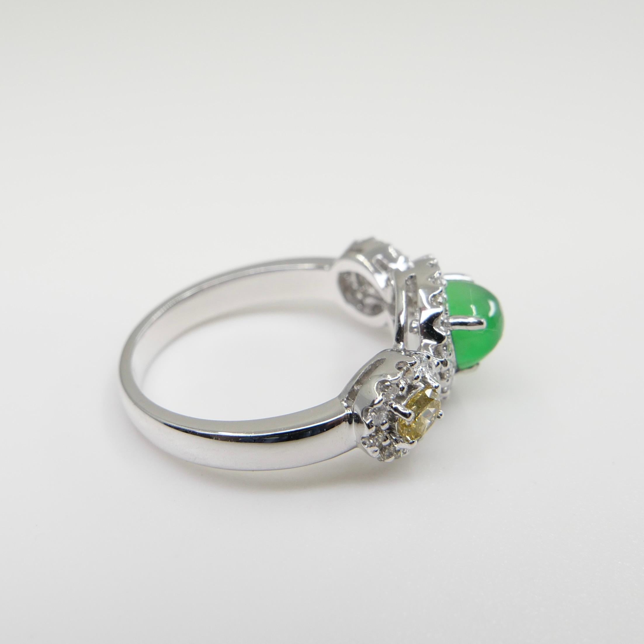 Certified Jade & Fancy Yellow Diamond Cocktail Ring, Glowing Apple Green Jade For Sale 10