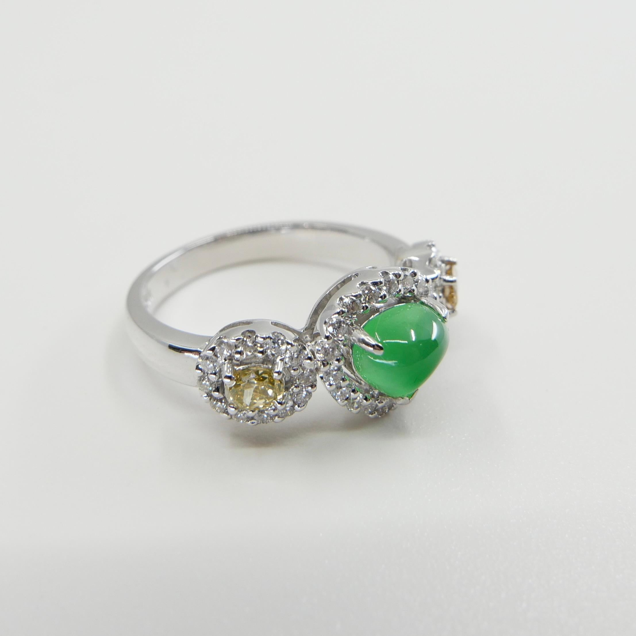 Certified Jade & Fancy Yellow Diamond Cocktail Ring, Glowing Apple Green Jade For Sale 11