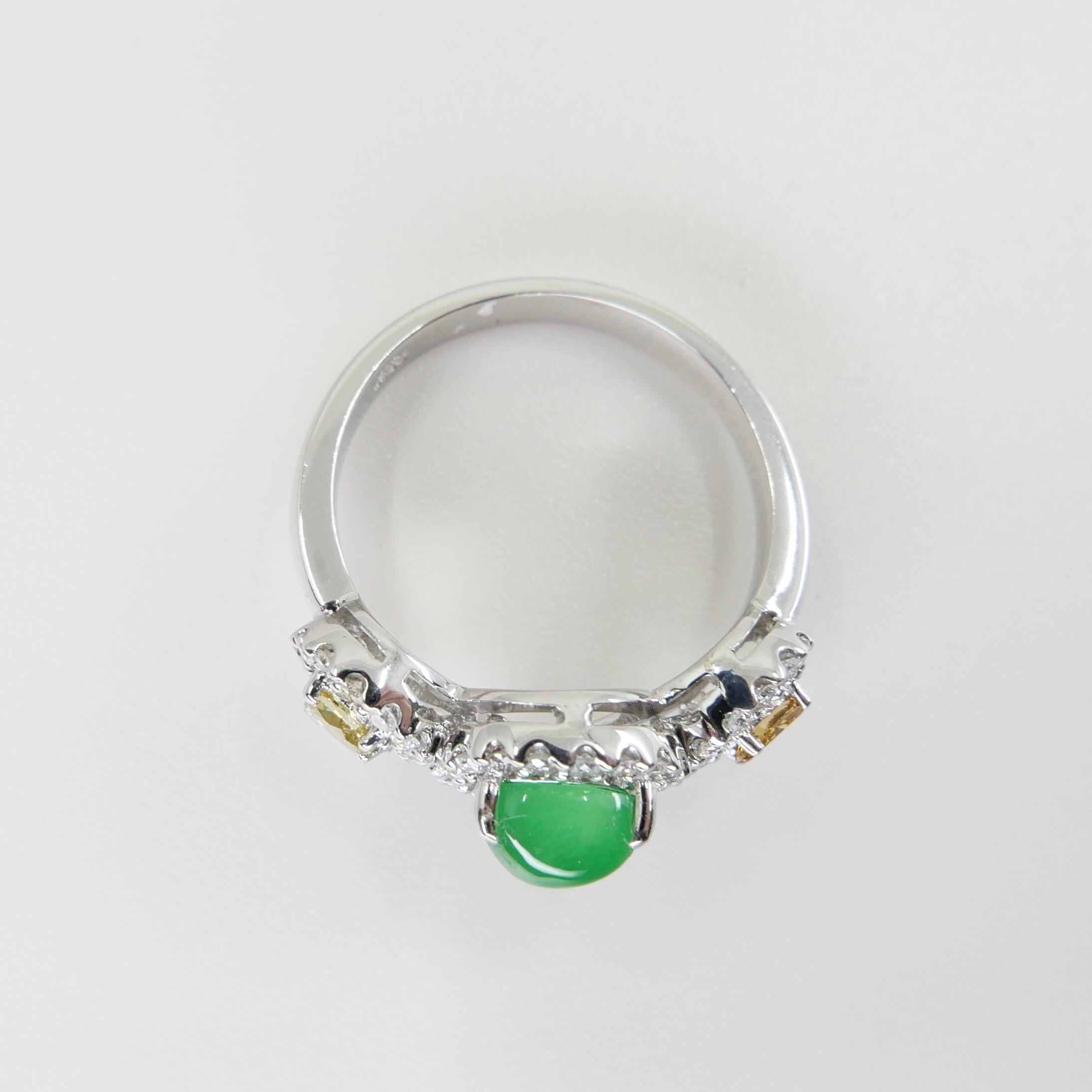 Certified Jade & Fancy Yellow Diamond Cocktail Ring, Glowing Apple Green Jade For Sale 12