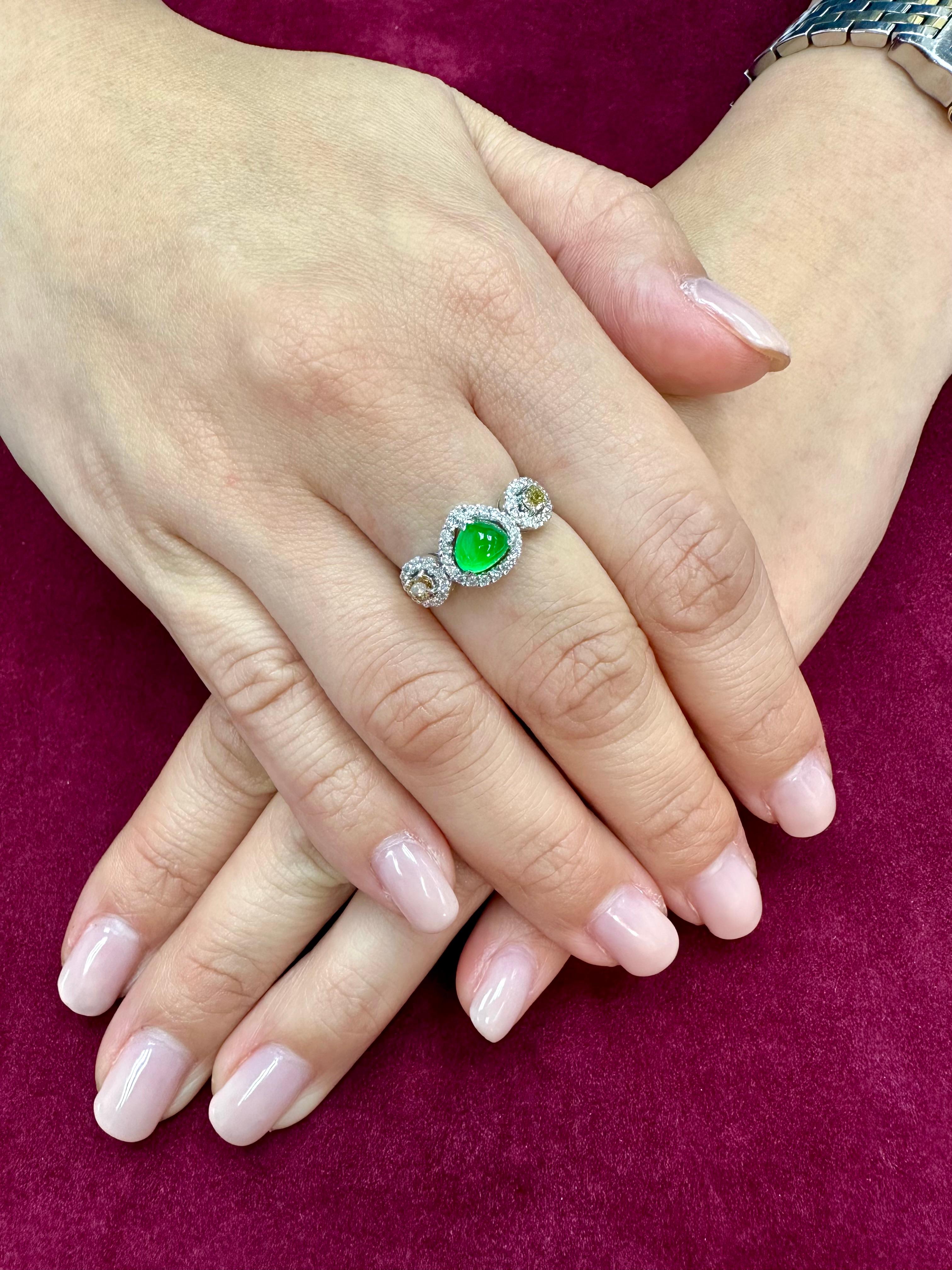 Women's Certified Jade & Fancy Yellow Diamond Cocktail Ring, Glowing Apple Green Jade For Sale